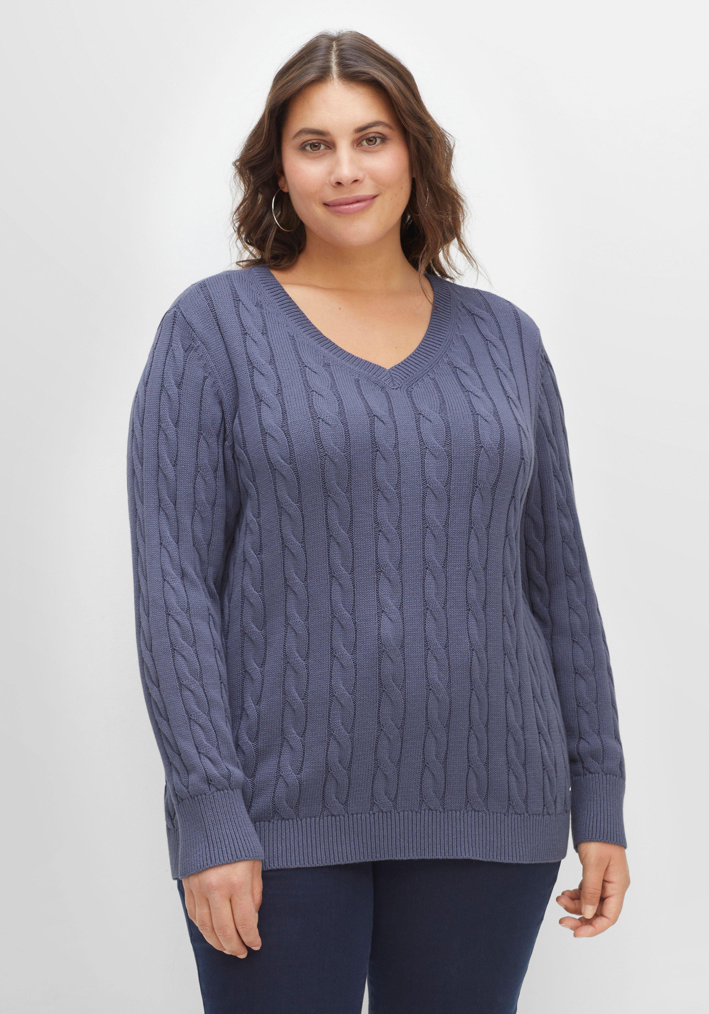 sheego Pullover mit Zopfmuster und V-Ausschnitt - indigo sheego