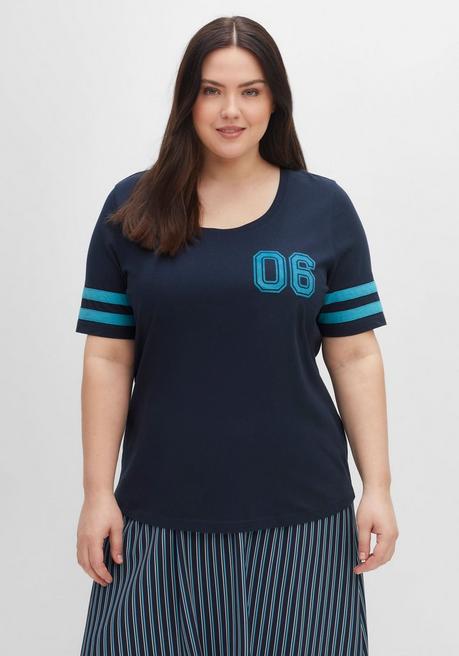 T-Shirt im College-Stil, mit Flockprint und Streifen - nachtblau - 40/42
