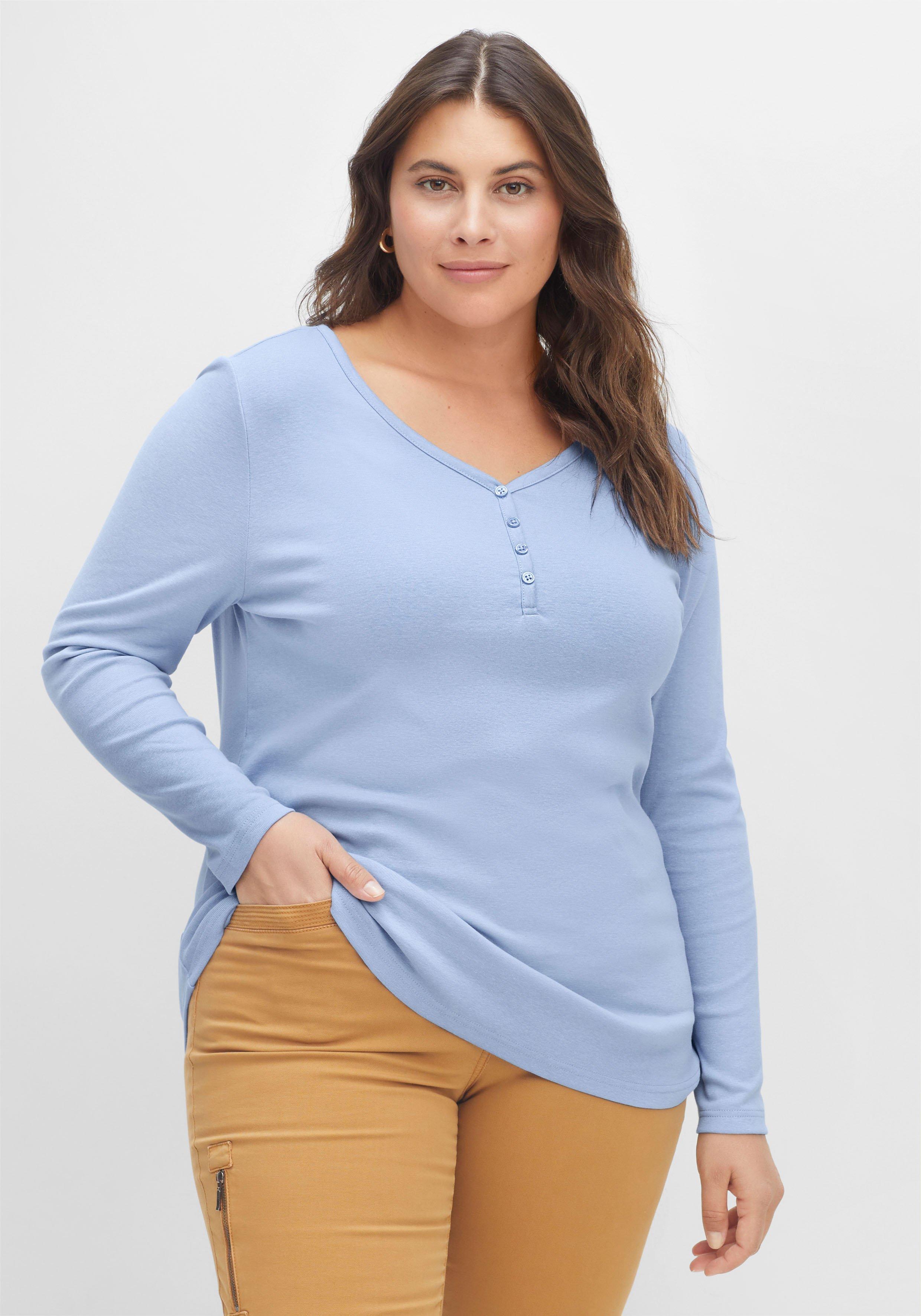 Langarmshirt mit V-Ausschnitt und Knopfleiste - mittelblau | sheego