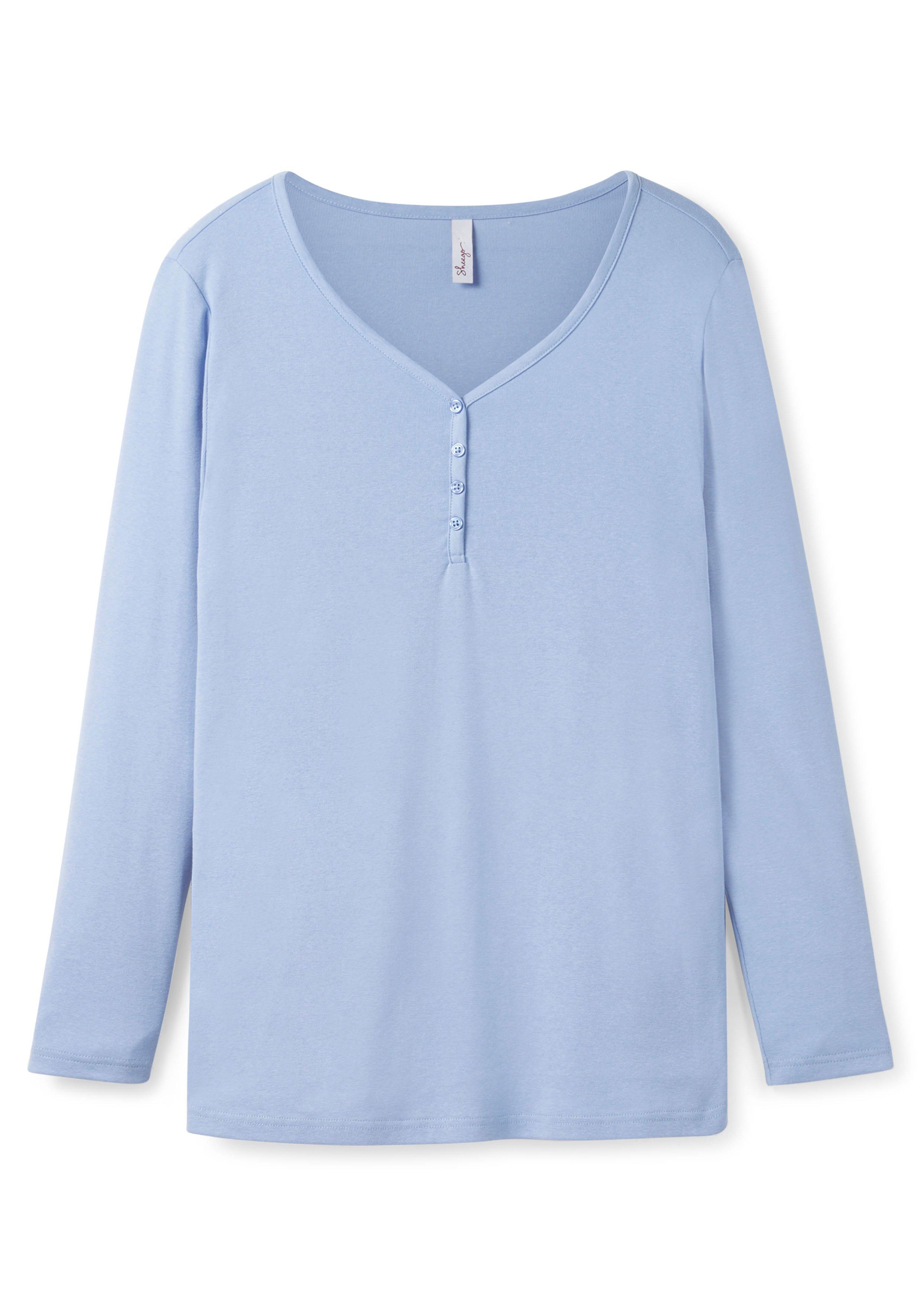 Langarmshirt sheego - und Knopfleiste mit mittelblau V-Ausschnitt |