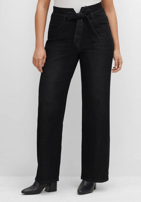 Weite Jeans mit dekorativem High-Waist-Bund - black Denim - 40
