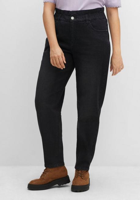 Mom-Jeans mit Rüsche am High-Waist-Bund - black Denim - 40