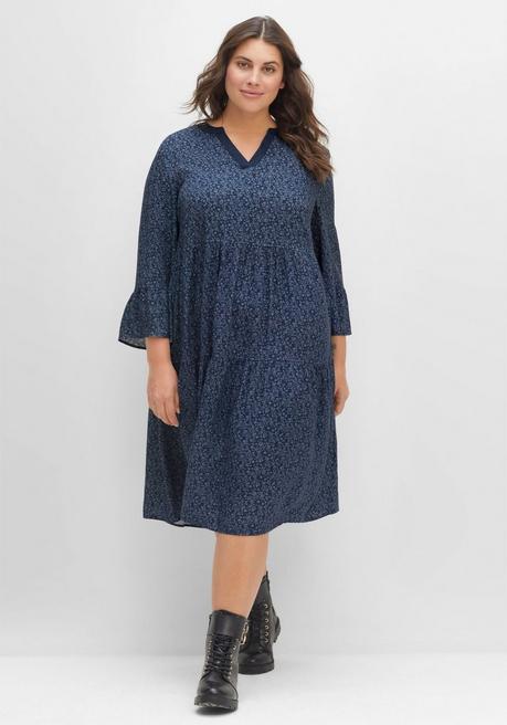Kleid in A-Linie, mit Alloverprint und Trompetenärmeln - nachtblau bedruckt - 40