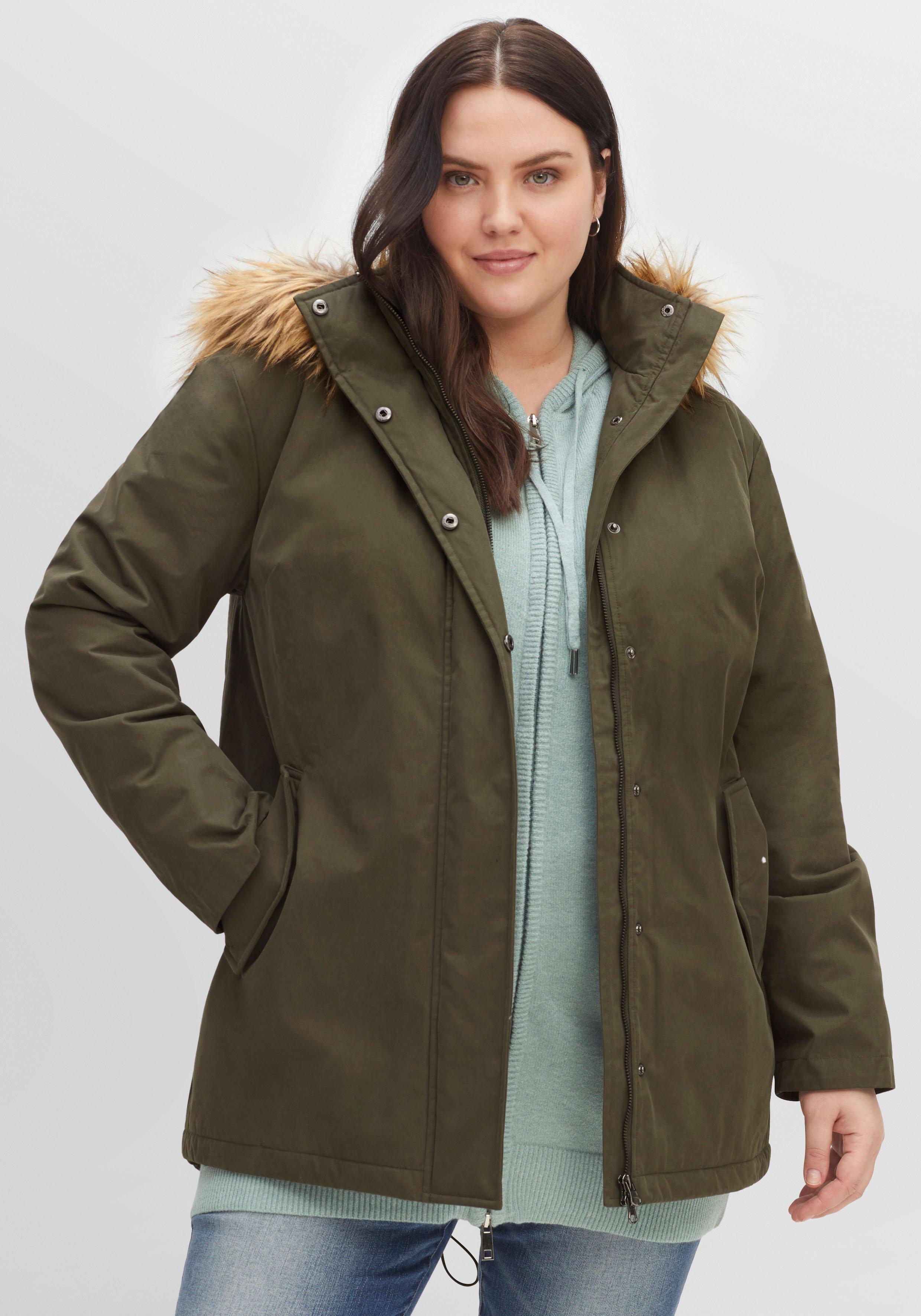 sheego Parka mit Fellimitat-Kapuze und Oversized-Schultern - dunkeloliv sheego