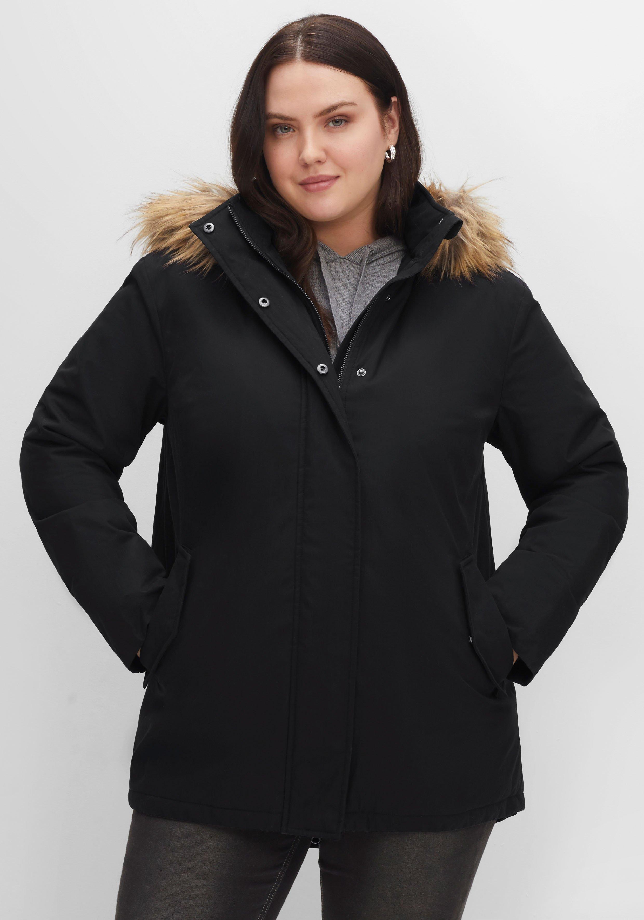 sheego Parka mit Fellimitat-Kapuze und Oversized-Schultern - schwarz sheego