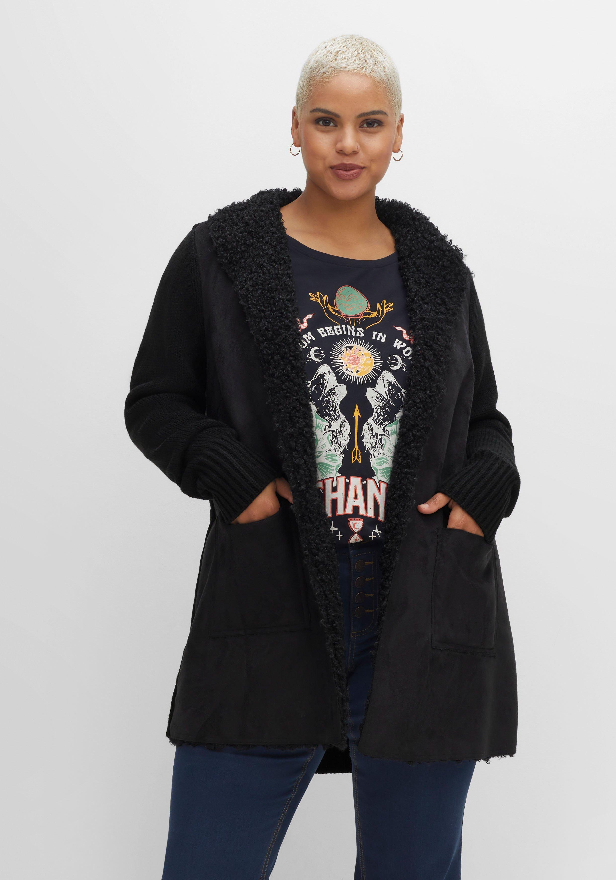 sheego by Joe Browns Longstrickjacke mit Kragen in Felloptik, verschlusslos - schwarz sheego