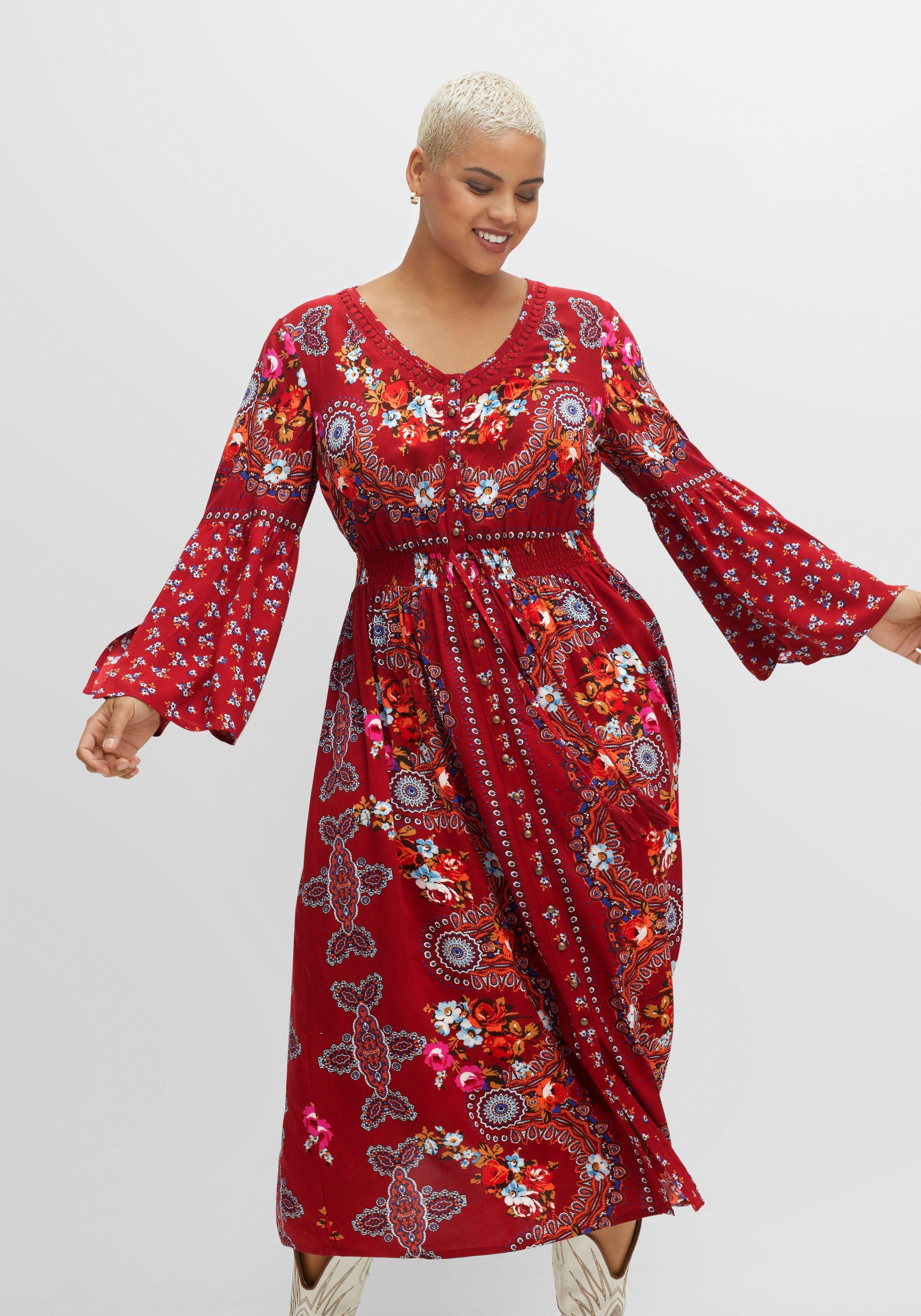 sheego by Joe Browns Maxikleid im Boho-Stil, mit Trompetenärmeln - mohnrot bedruckt sheego