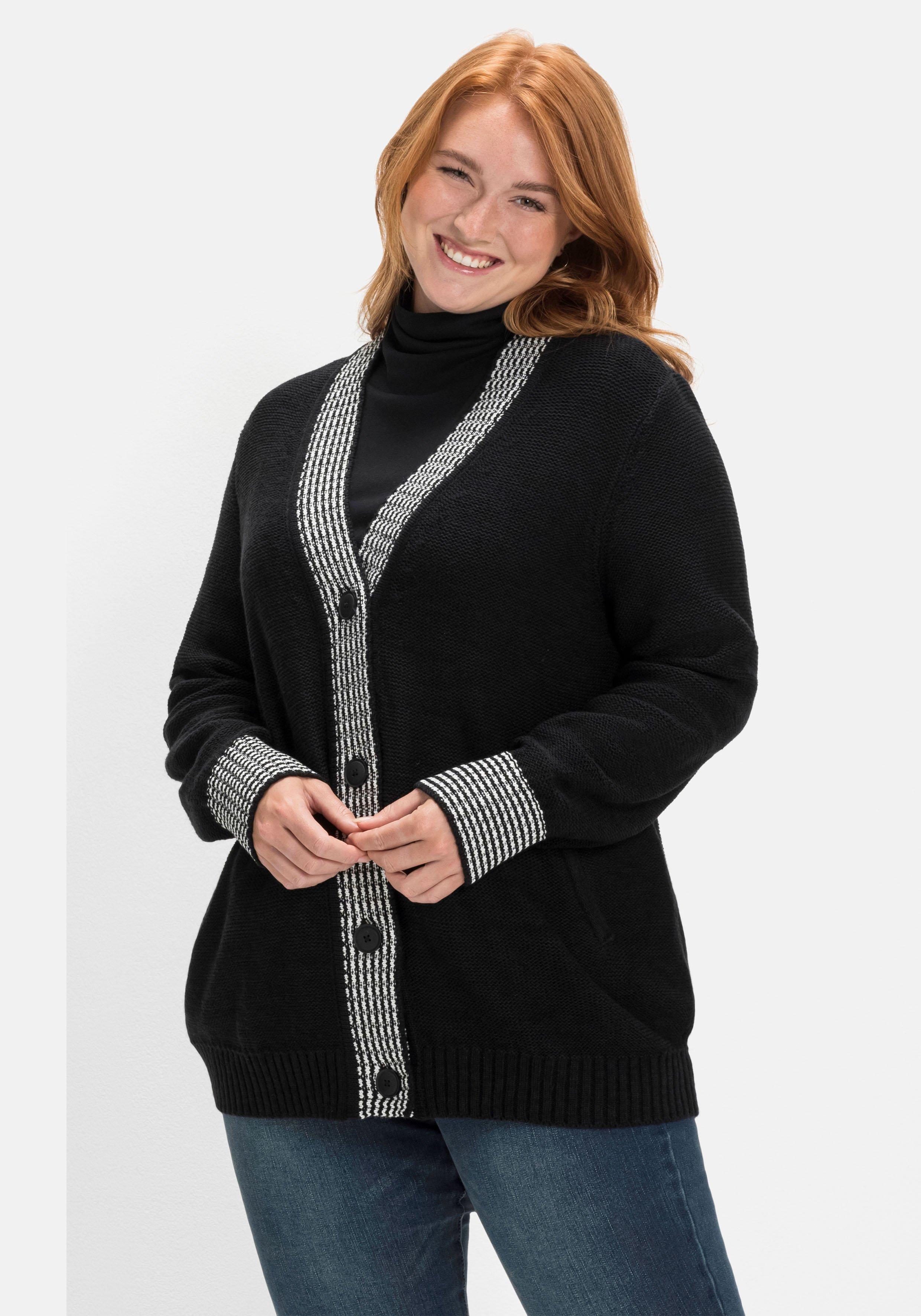 Strickjacke mit Kontrastdetails sheego | Hahnentrittmuster - schwarz im