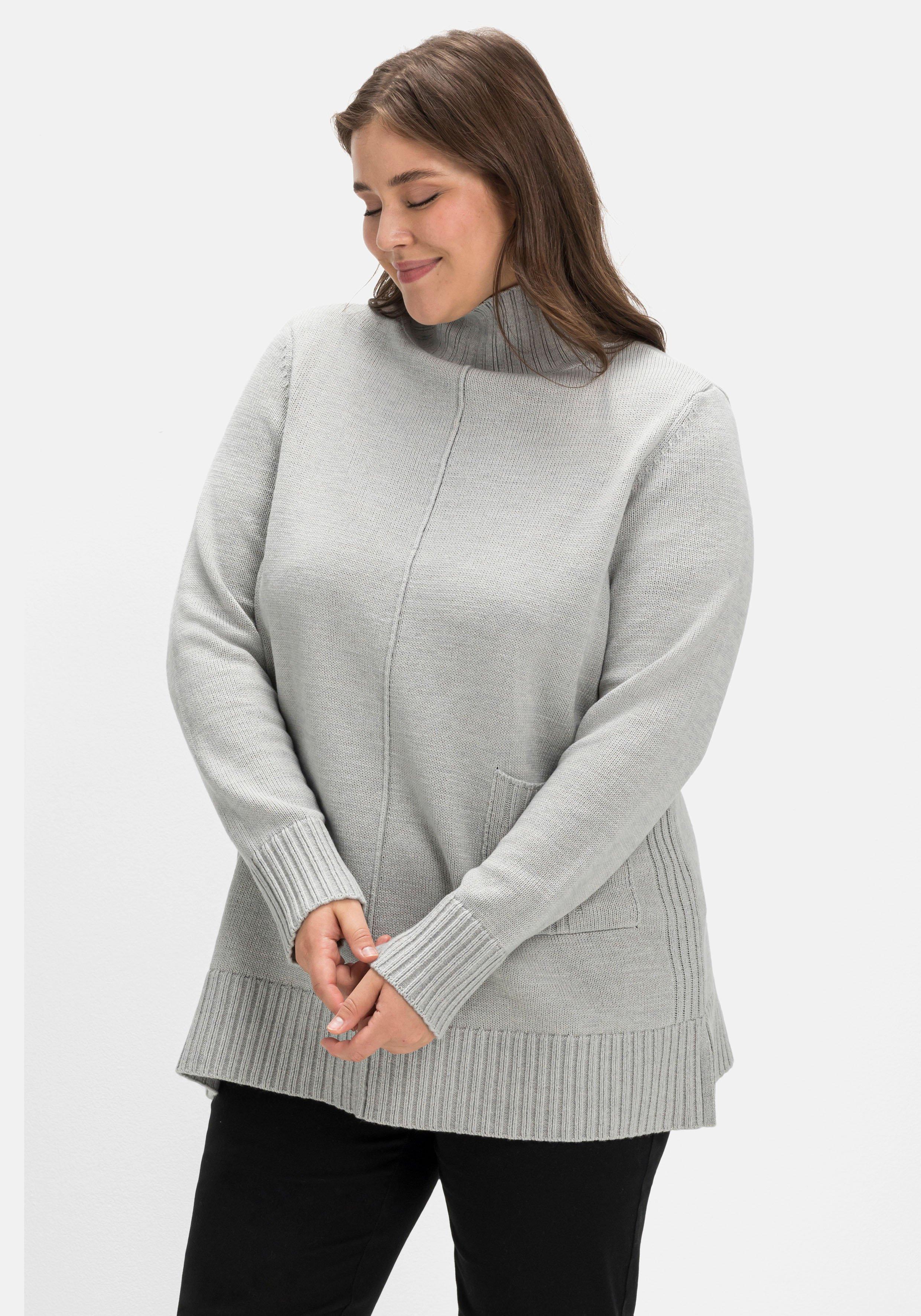 sheego Pullover mit hohem Stehkragen und Tasche vorn - hellgrau meliert sheego