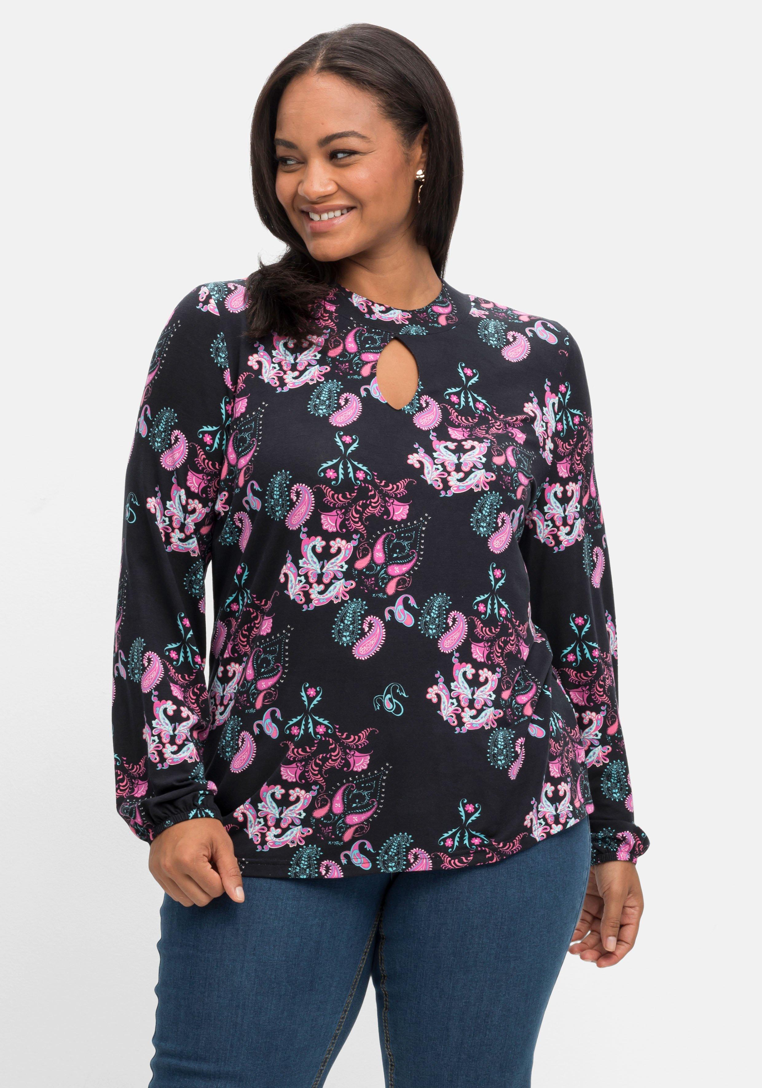 Paisley-Print bedruckt vorn - | schwarz Cut-out Langarmshirt und mit sheego