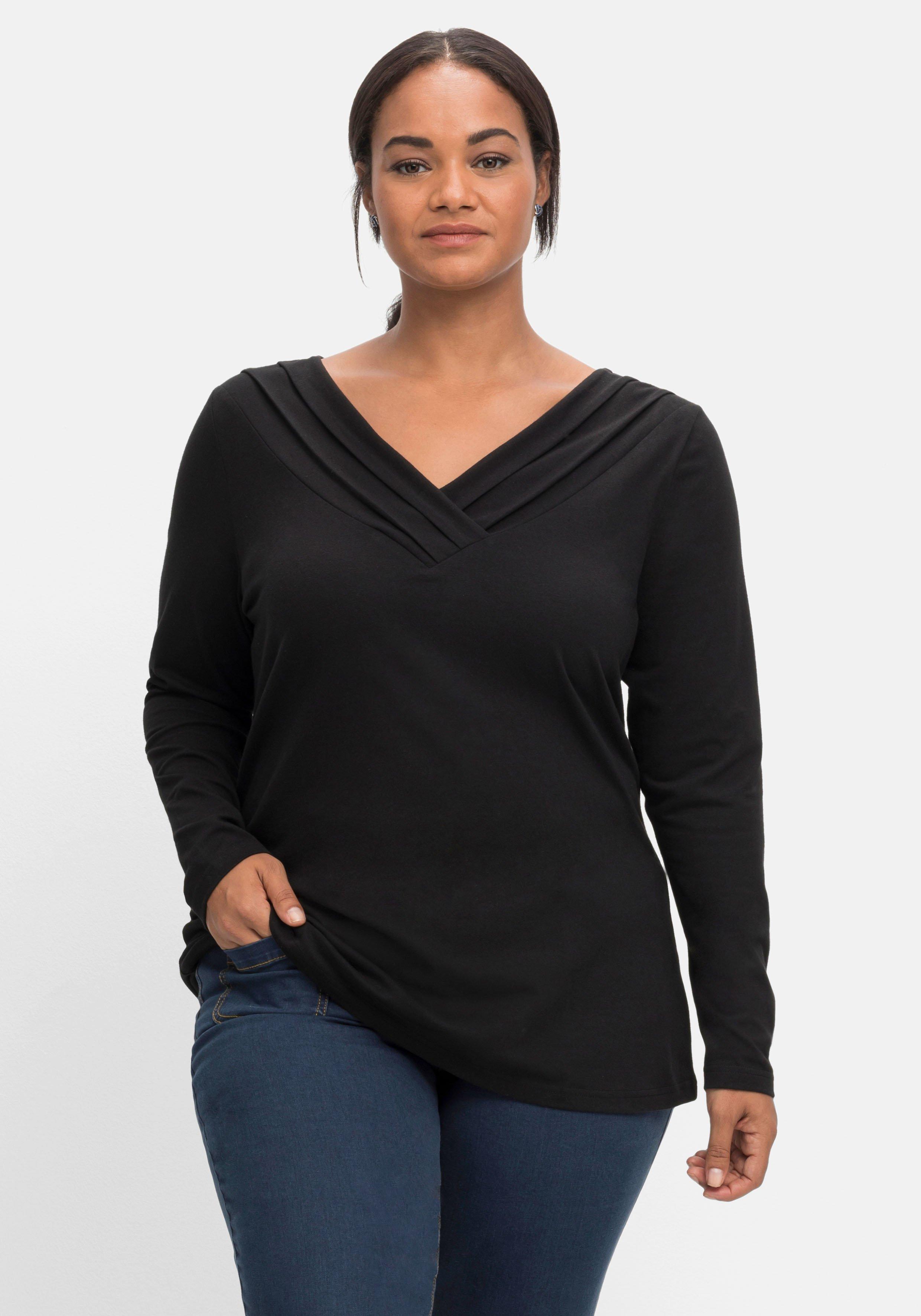 sheego by Joe Browns Langarmshirt mit Zierfalten am V-Ausschnitt, A-Linie - schwarz sheego