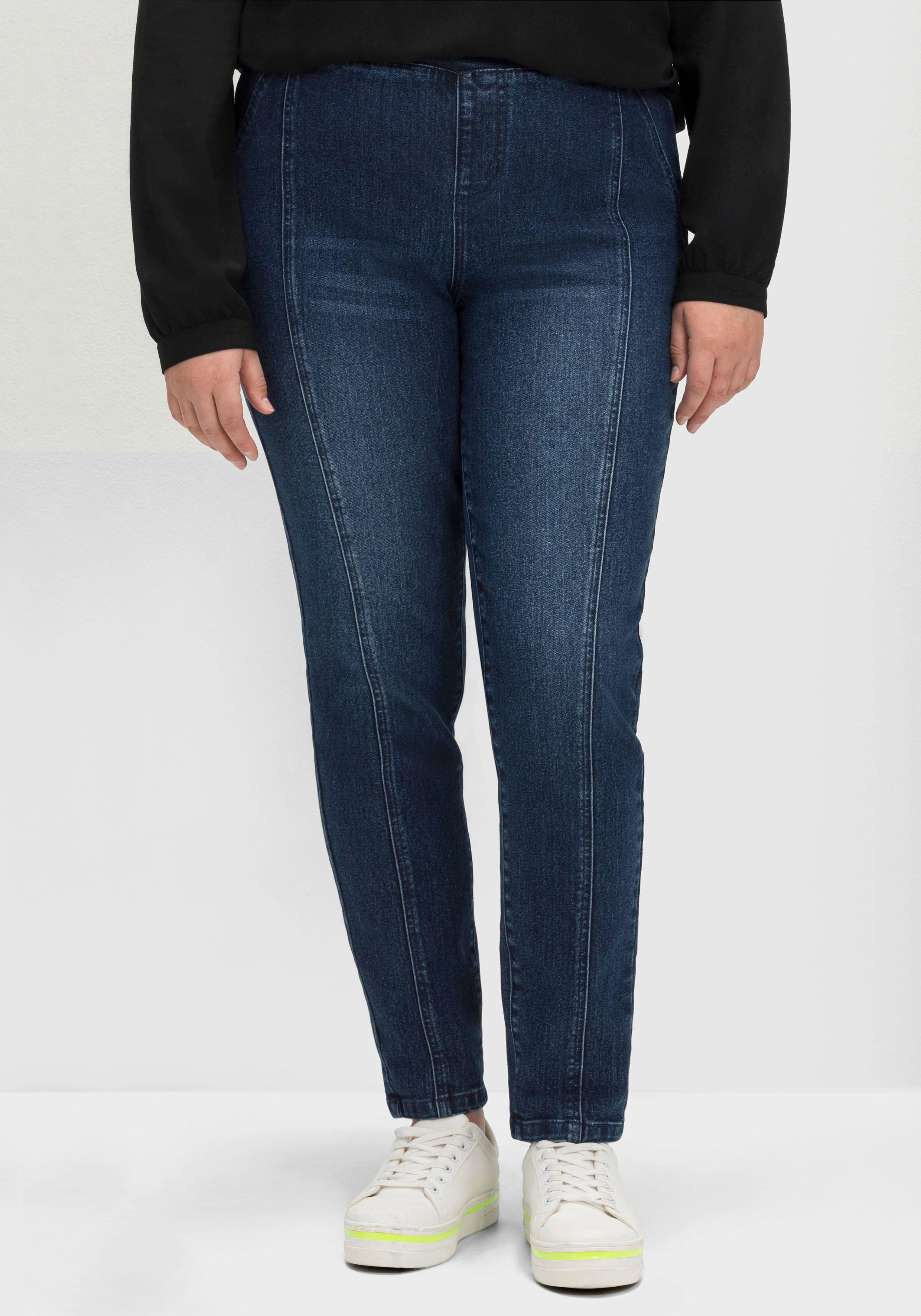 Schmale Jeans mit Gummibund und Teilungsnähten - dark blue Denim | sheego
