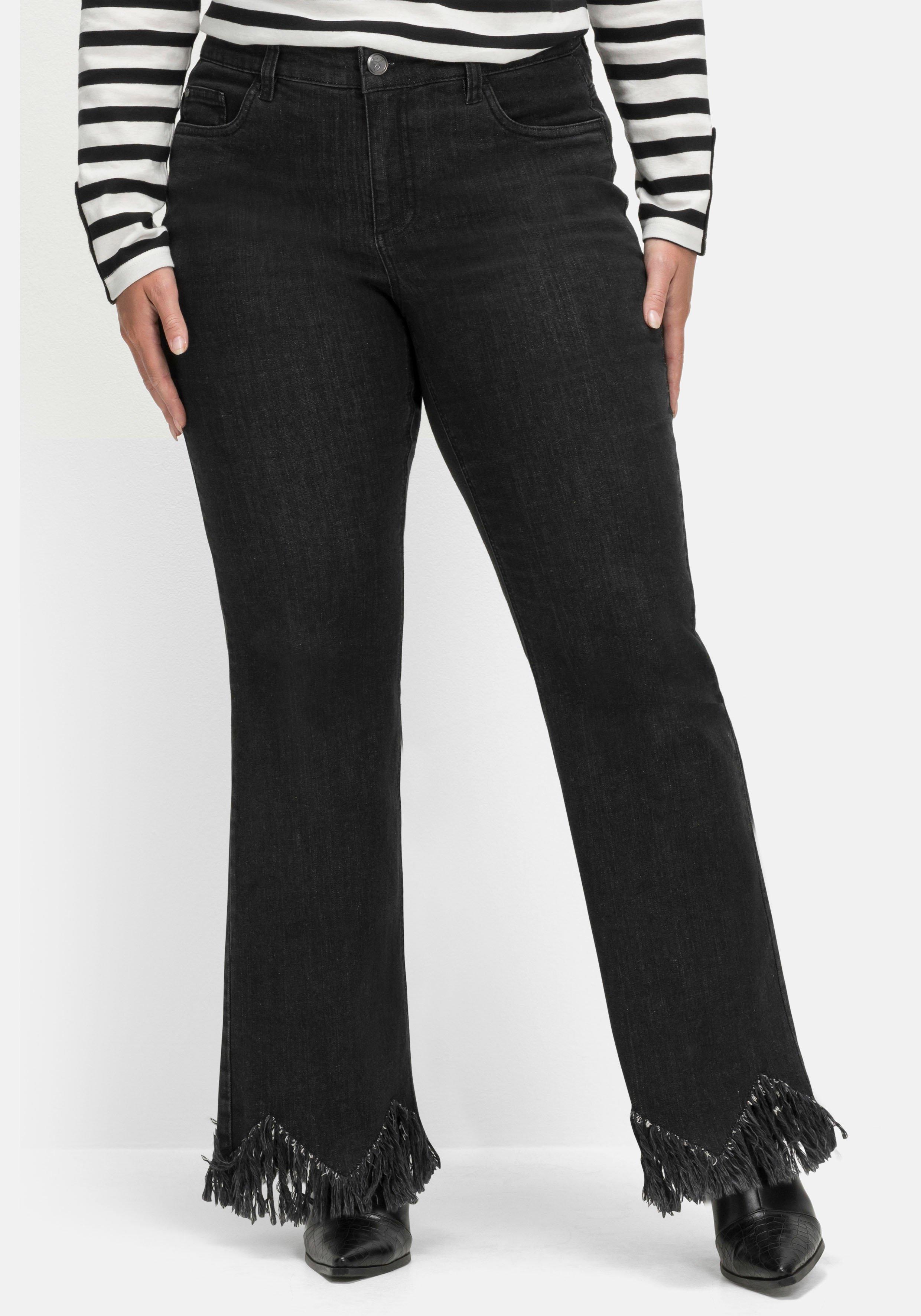 Bootcut-Jeans mit Fransensaum in sheego black Zickzack-Form Denim - 