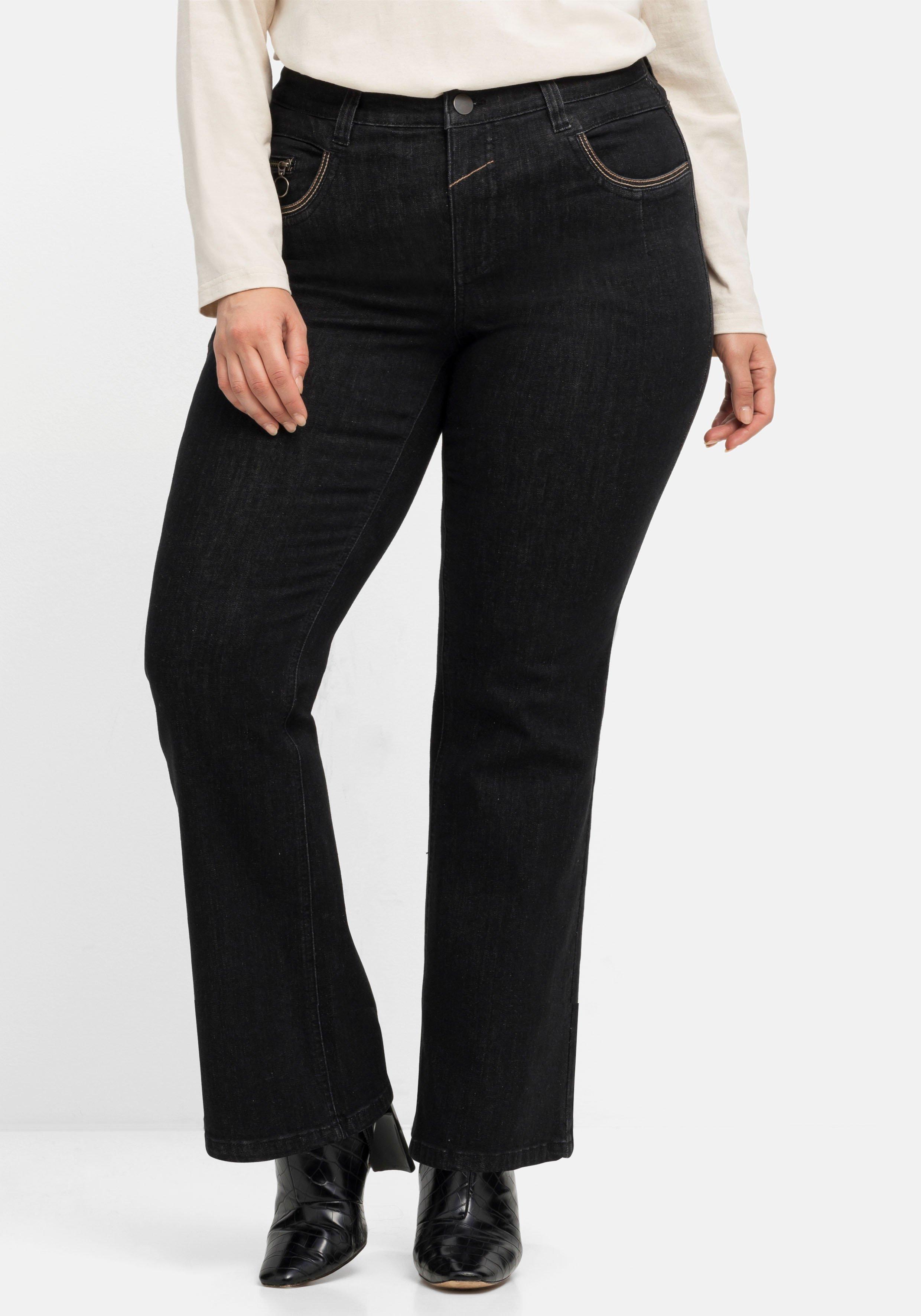 sheego | Bootcut-Jeans mit Kontrast-Stickerei, extralang black Denim -