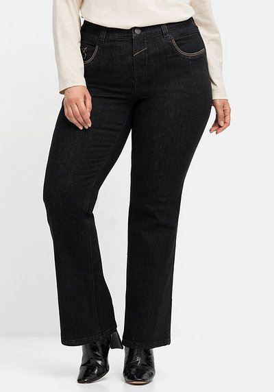 Bootcut-Jeans mit Kontrast-Stickerei, extralang - black Denim | sheego