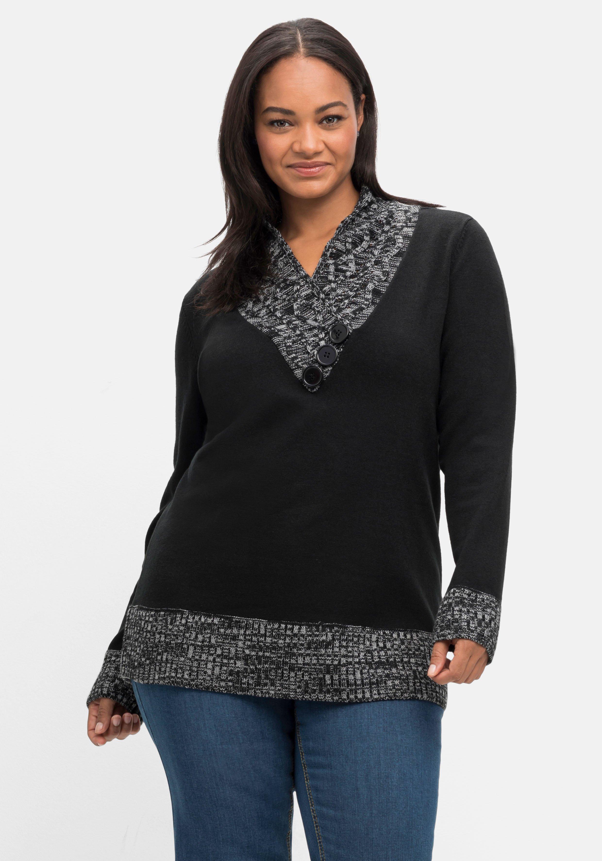 sheego by Joe Browns Pullover mit Schalkragen und Grobstrick-Partien - schwarz sheego