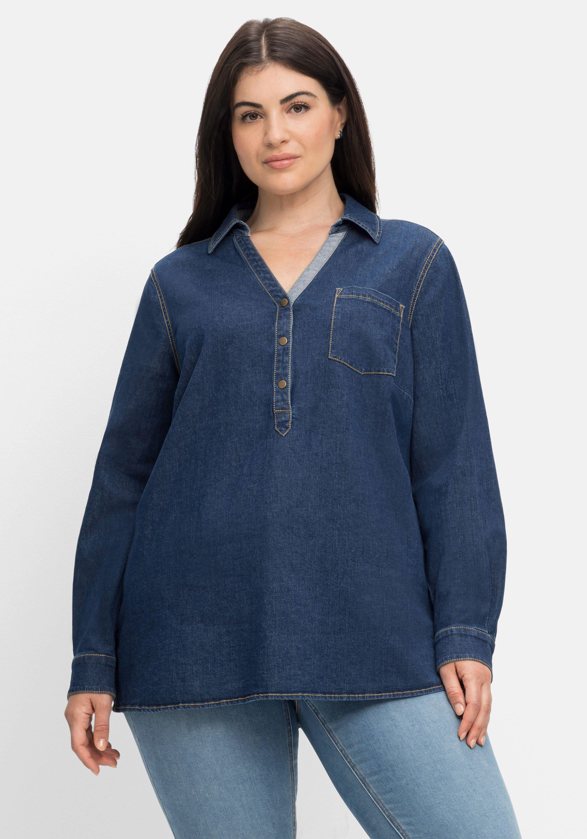 sheego Jeanstunika mit V-Ausschnitt und Hemdkragen - dark blue Denim sheego