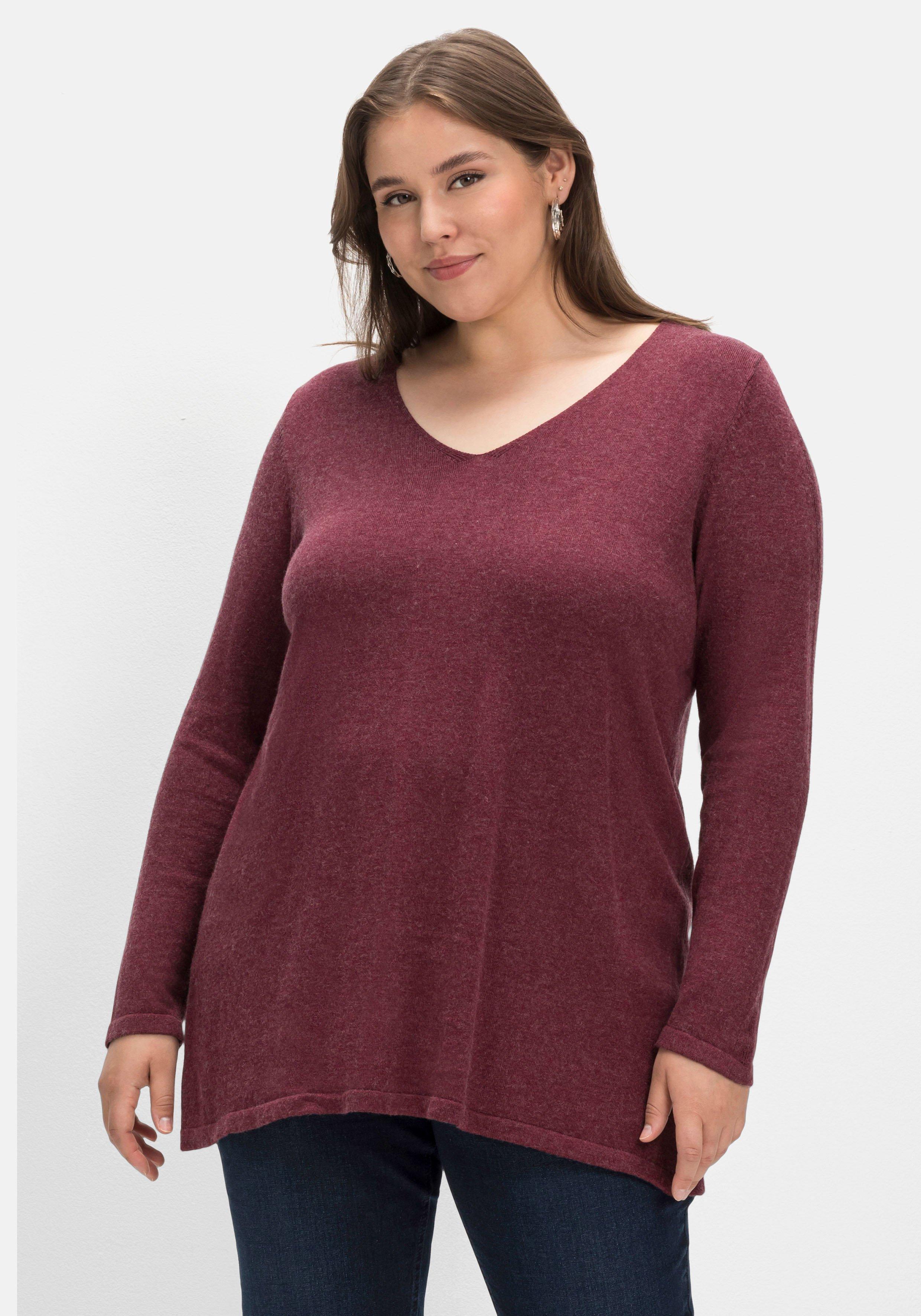 sheego Pullover mit Kaschmir und Ajourstrick-Details - weinrot meliert sheego