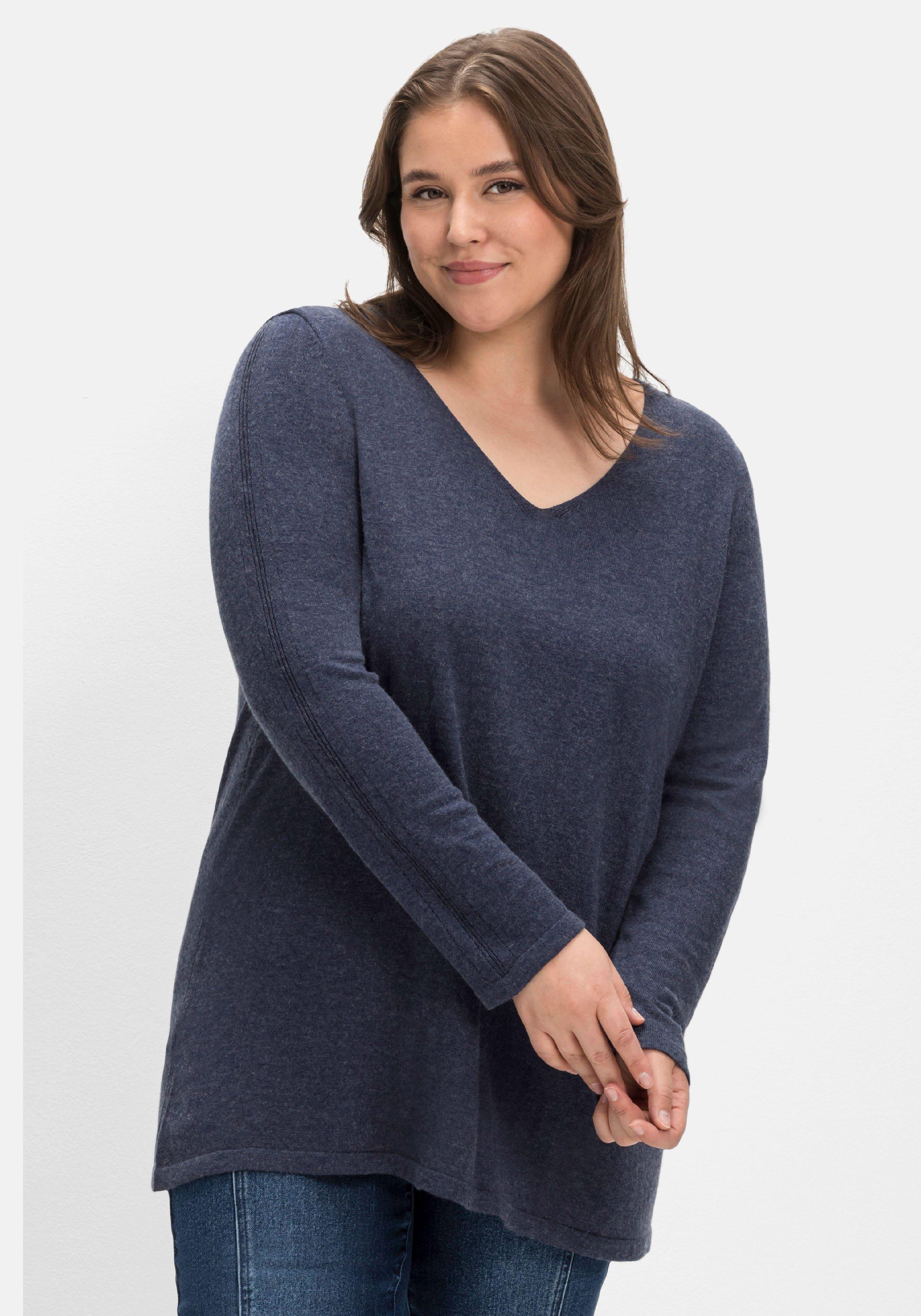 sheego Pullover mit Kaschmir und Ajourstrick-Details - indigo meliert sheego