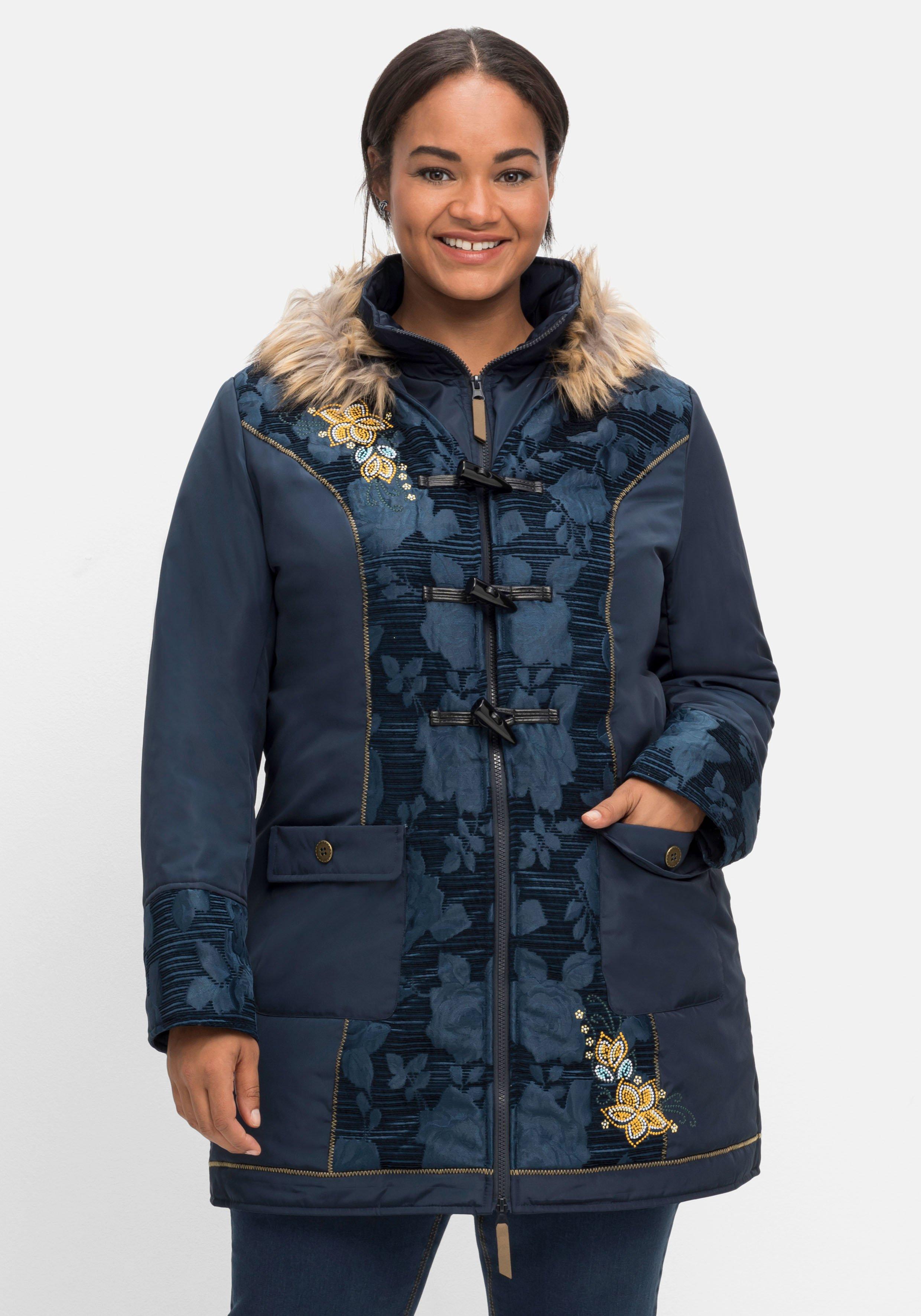 Outdoorjacke mit sheego femininen - und | nachtblau Details Kapuze