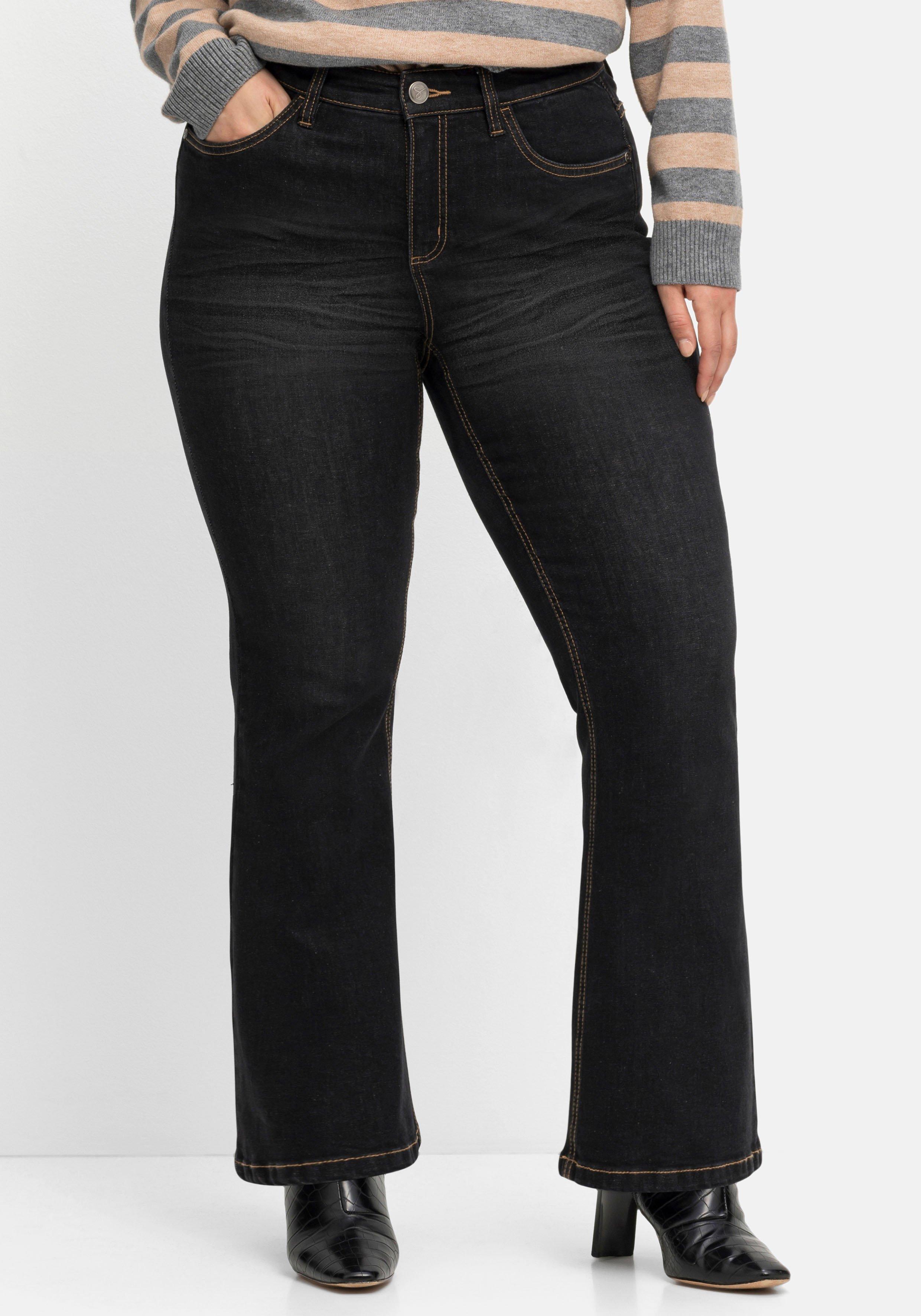 sheego Bootcut-Jeans mit 3D-Catfaces - black Denim sheego