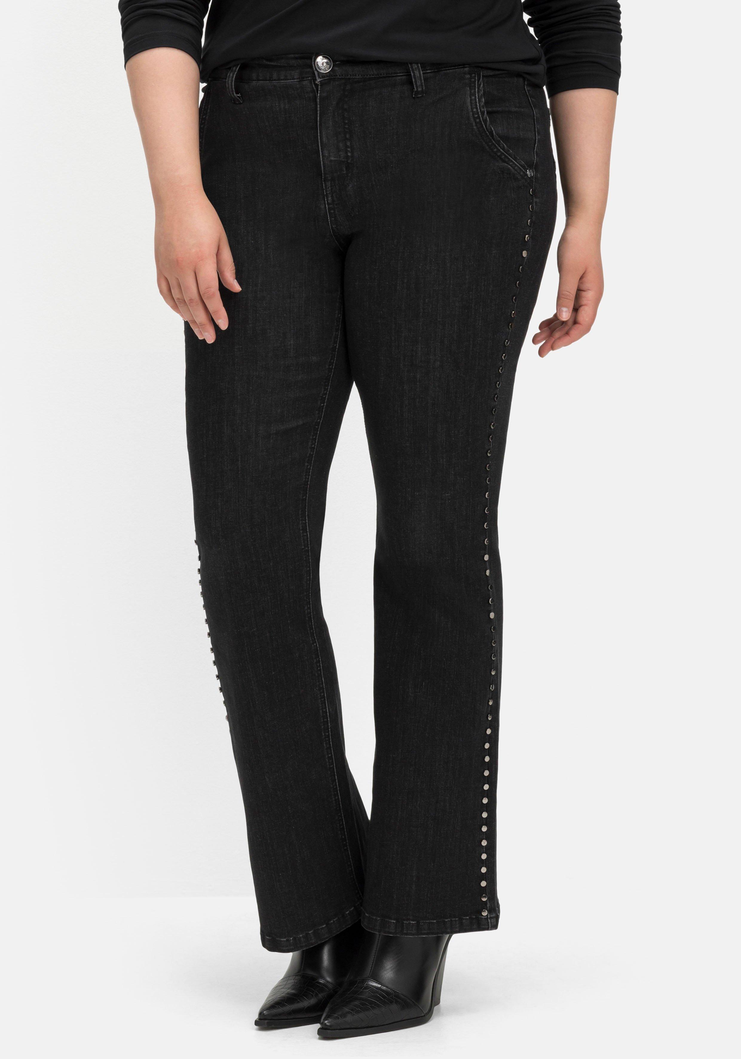 Denim black sheego - High-Heel-Länge | Nieten in seitlich, mit Bootcut-Jeans