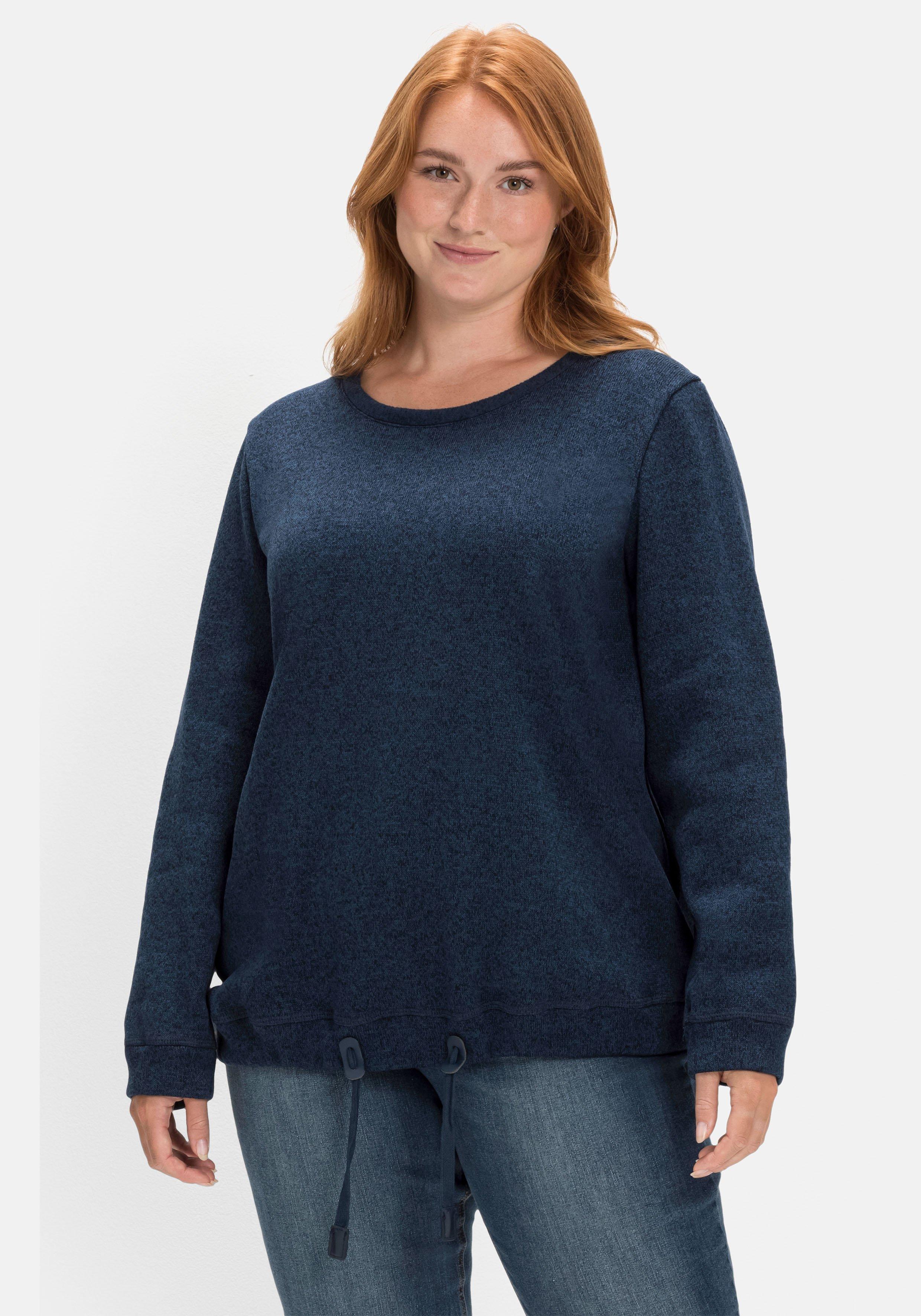 sheego Sweatshirt aus Strickfleece, mit Saum-Tunnelzug - nachtblau meliert sheego