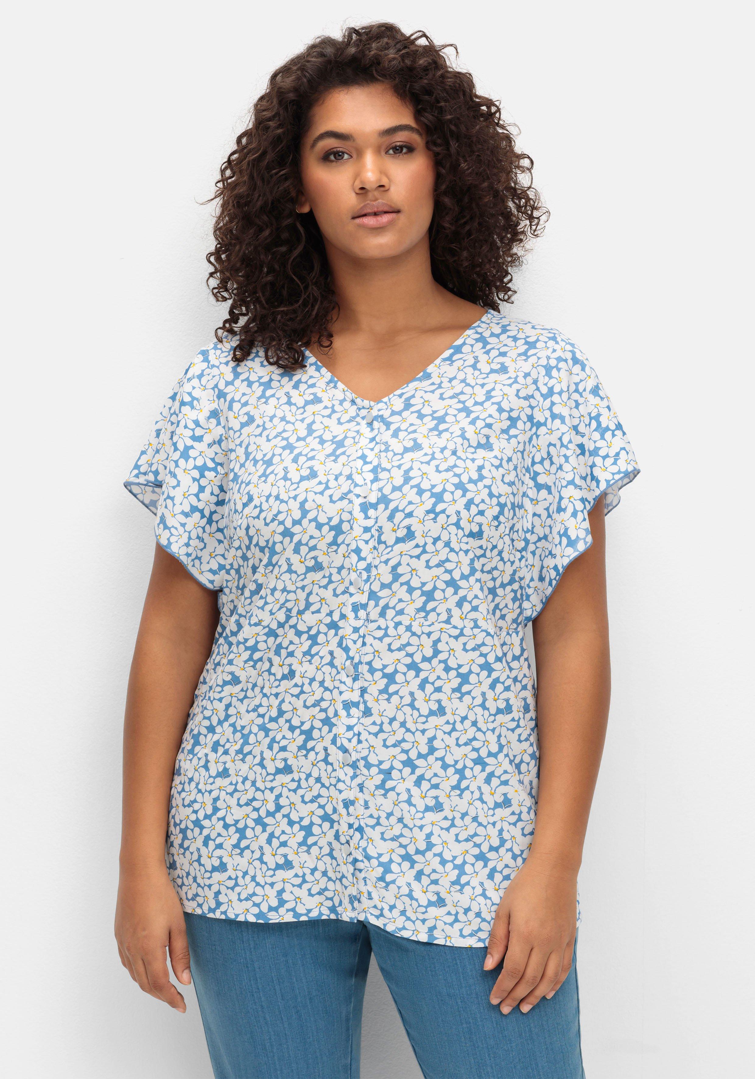 sheego by Joe Browns Leicht taillierte Bluse mit kurzen Volantärmeln - blau gemustert sheego