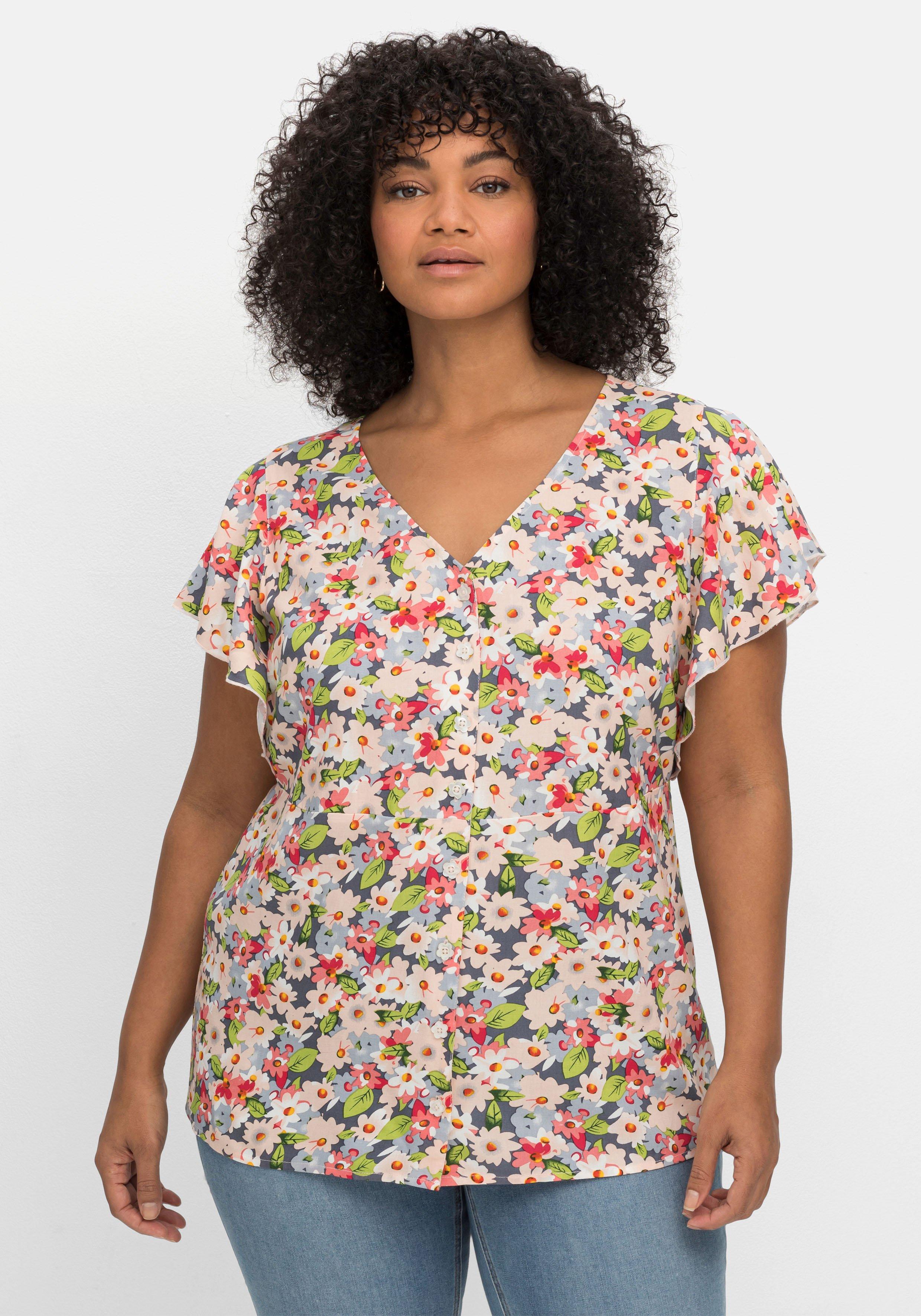 sheego by Joe Browns Leicht taillierte Bluse mit kurzen Volantärmeln - rosé gemustert sheego