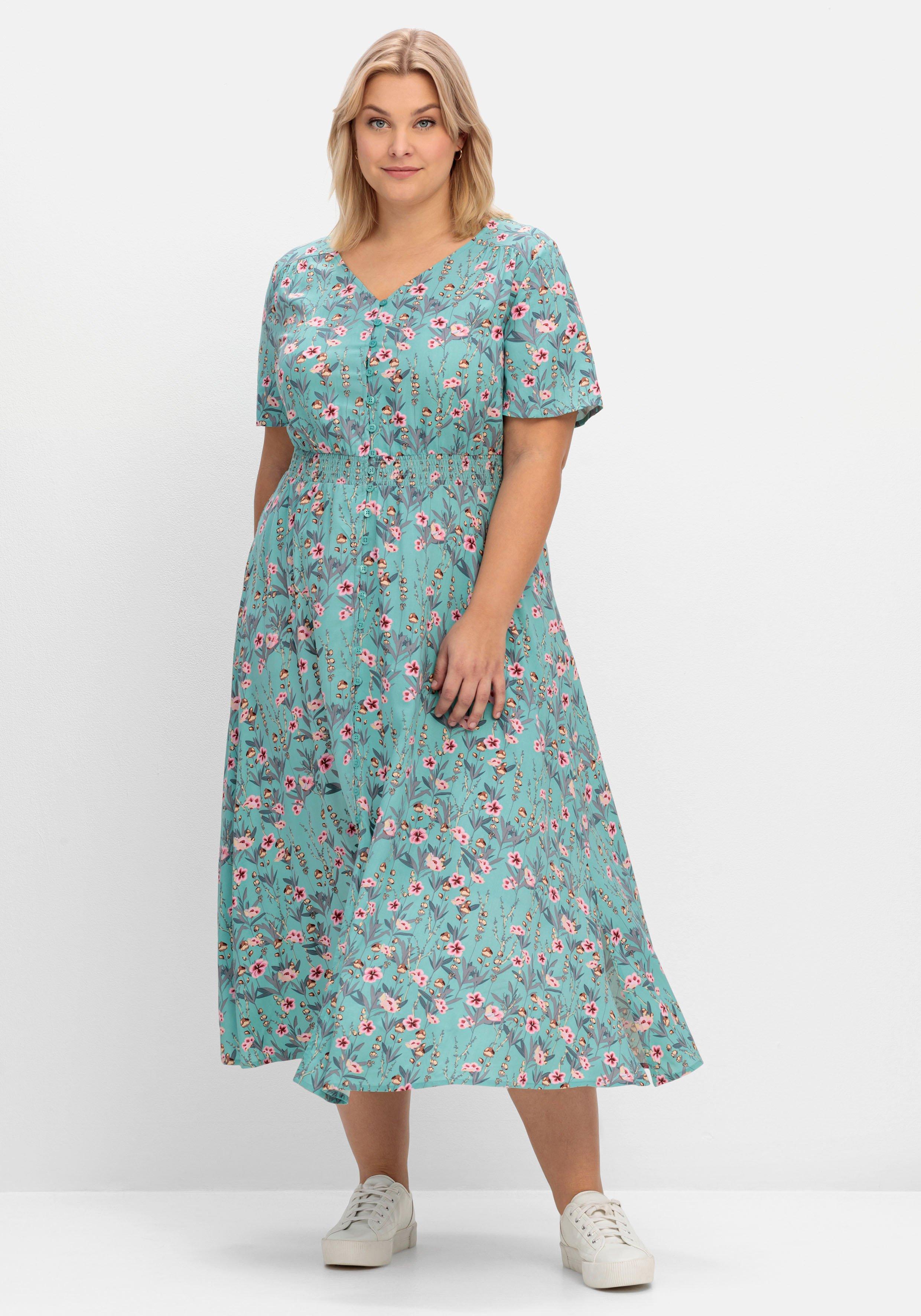 blau und mit gesmokter Maxikleid sheego Taille | gemustert - Blumenprint