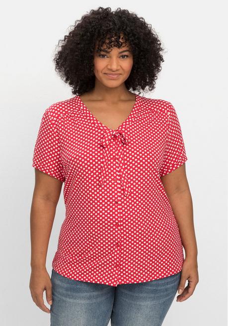 Shirt mit Pünktchen und Bindeband am Ausschnitt - rot gemustert - 40/42