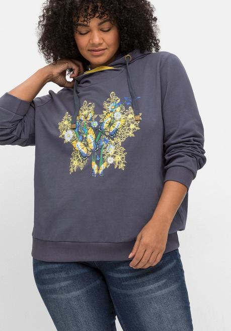 Kapuzensweatshirt mit floralem Frontdruck - indigo bedruckt - 40/42