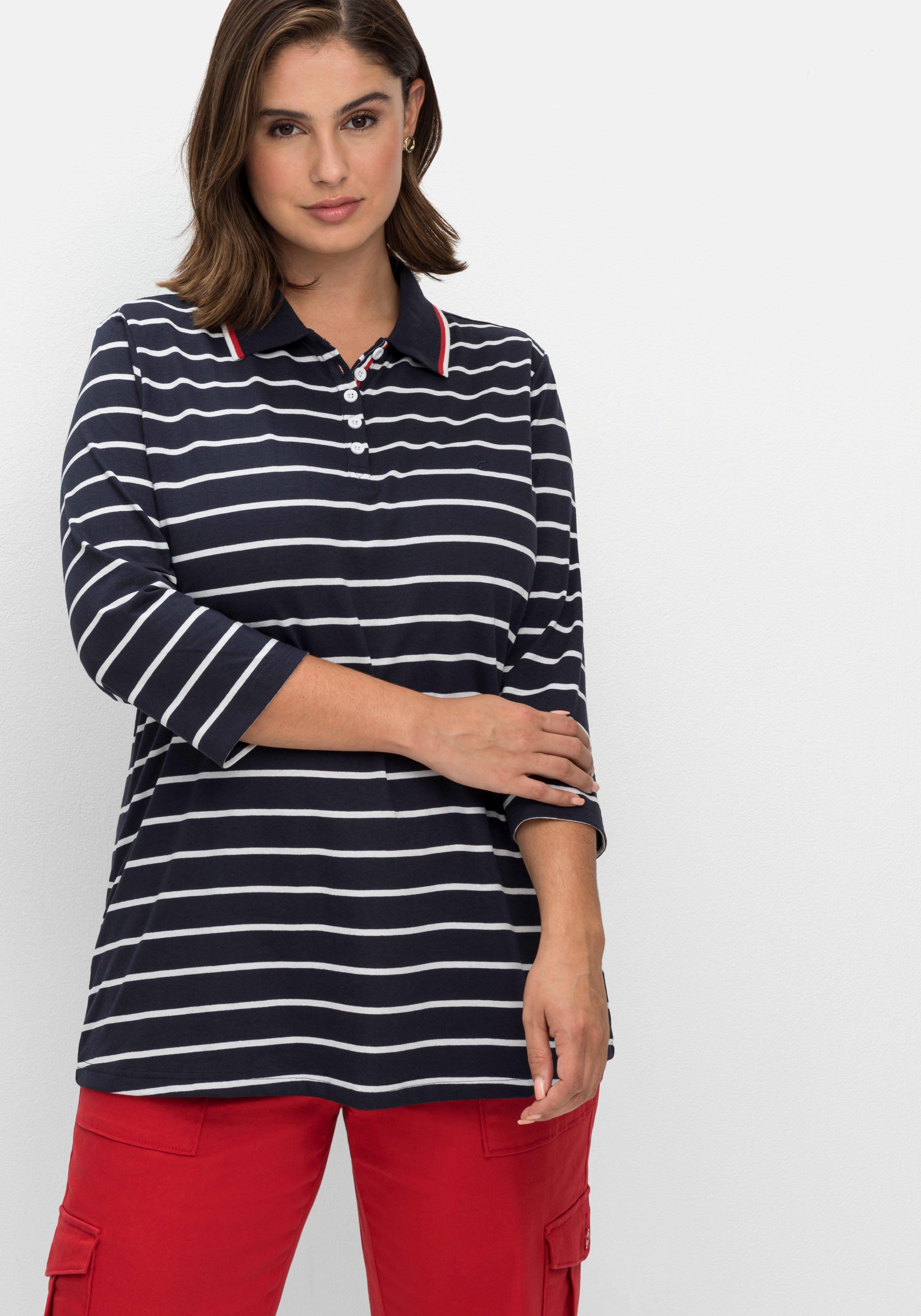 sheego Gestreiftes Poloshirt mit 3/4-Arm - nachtblau gestreift sheego