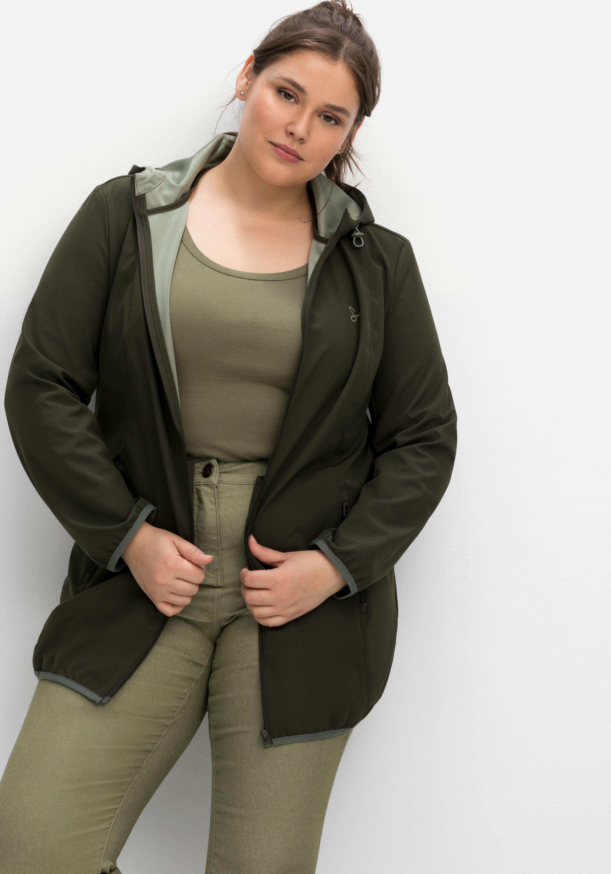 sheego Softshelljacke mit Kapuze und Kontrastdetails - dunkeloliv sheego