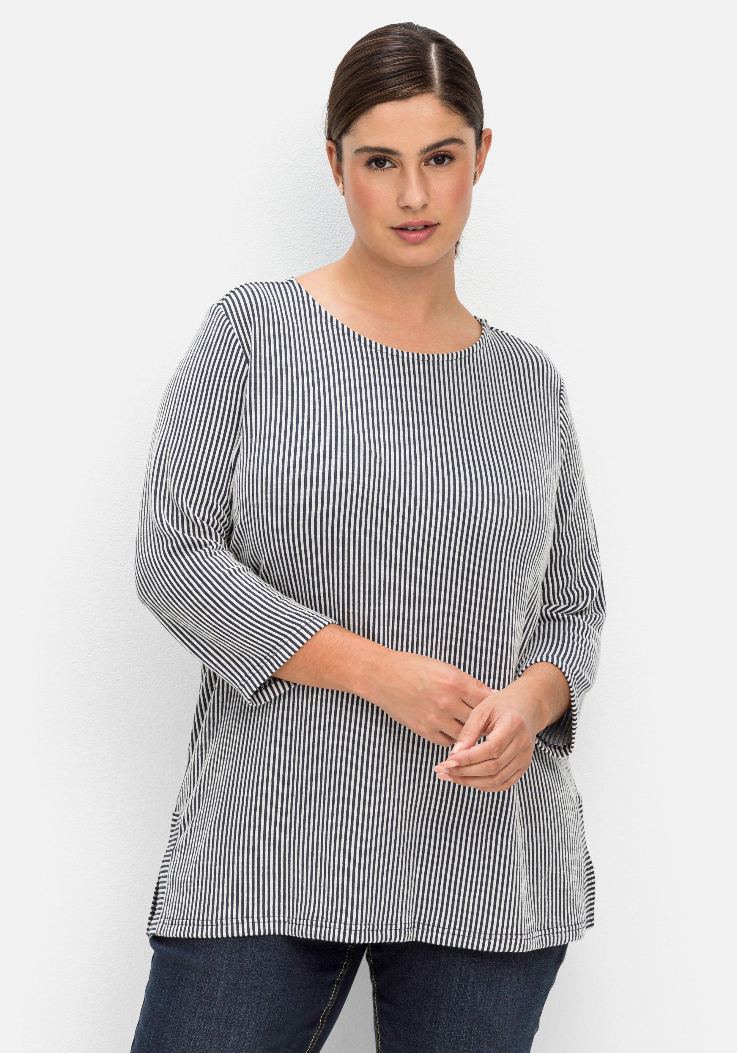 sheego Gestreiftes Shirt mit 3/4-Arm - weiß-nachtblau sheego