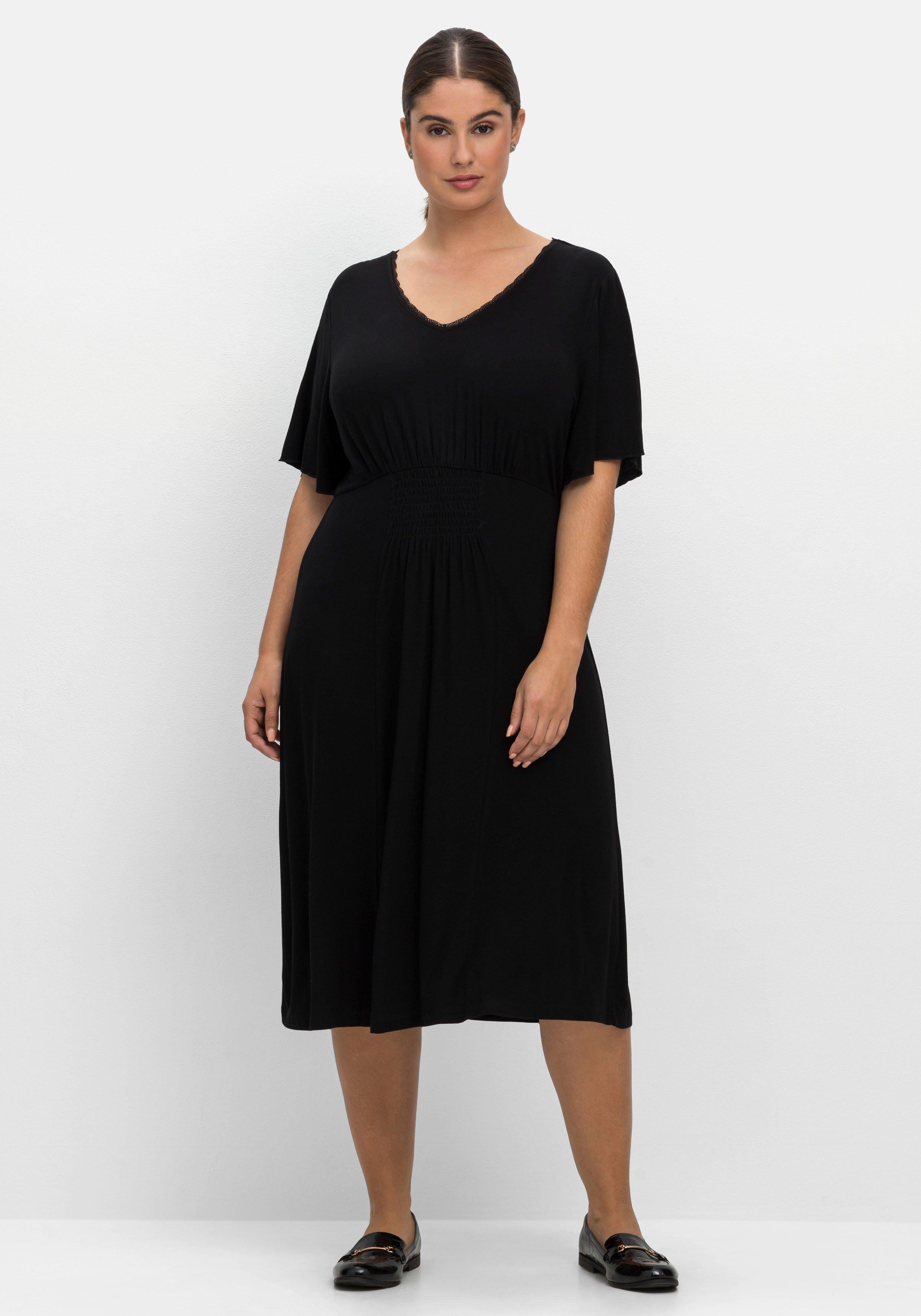 sheego Midikleid mit gesmokter Taille, aus Viskosejersey - schwarz sheego