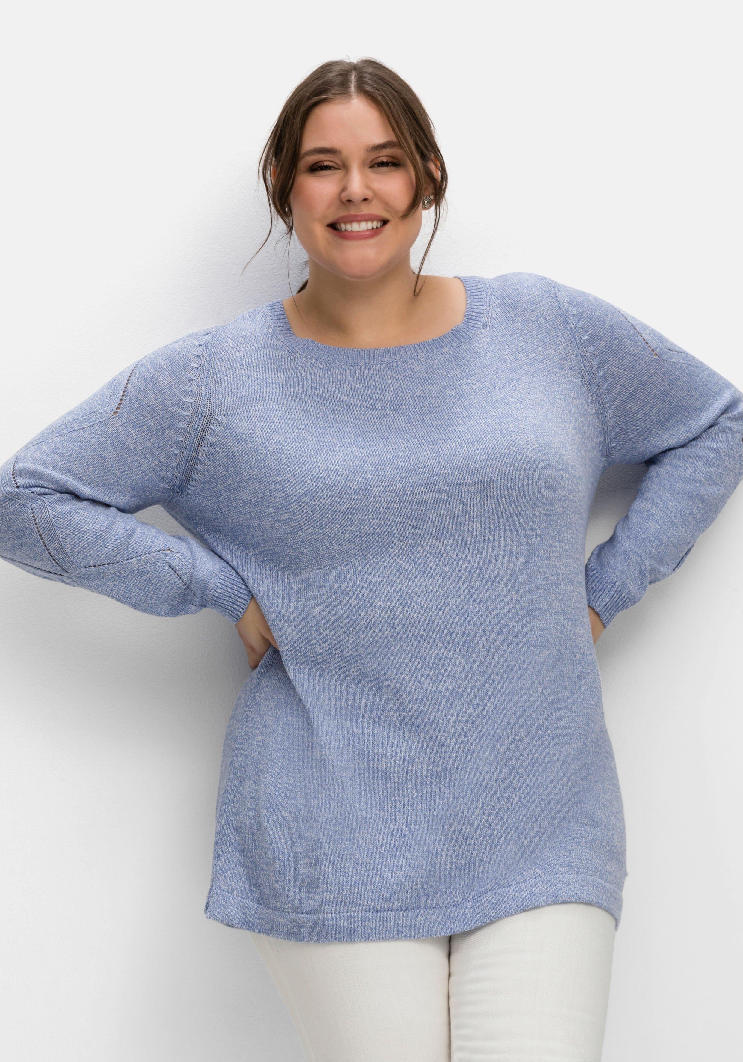 sheego Melierter Pullover mit Ajourmuster am Ärmel - mittelblau meliert sheego