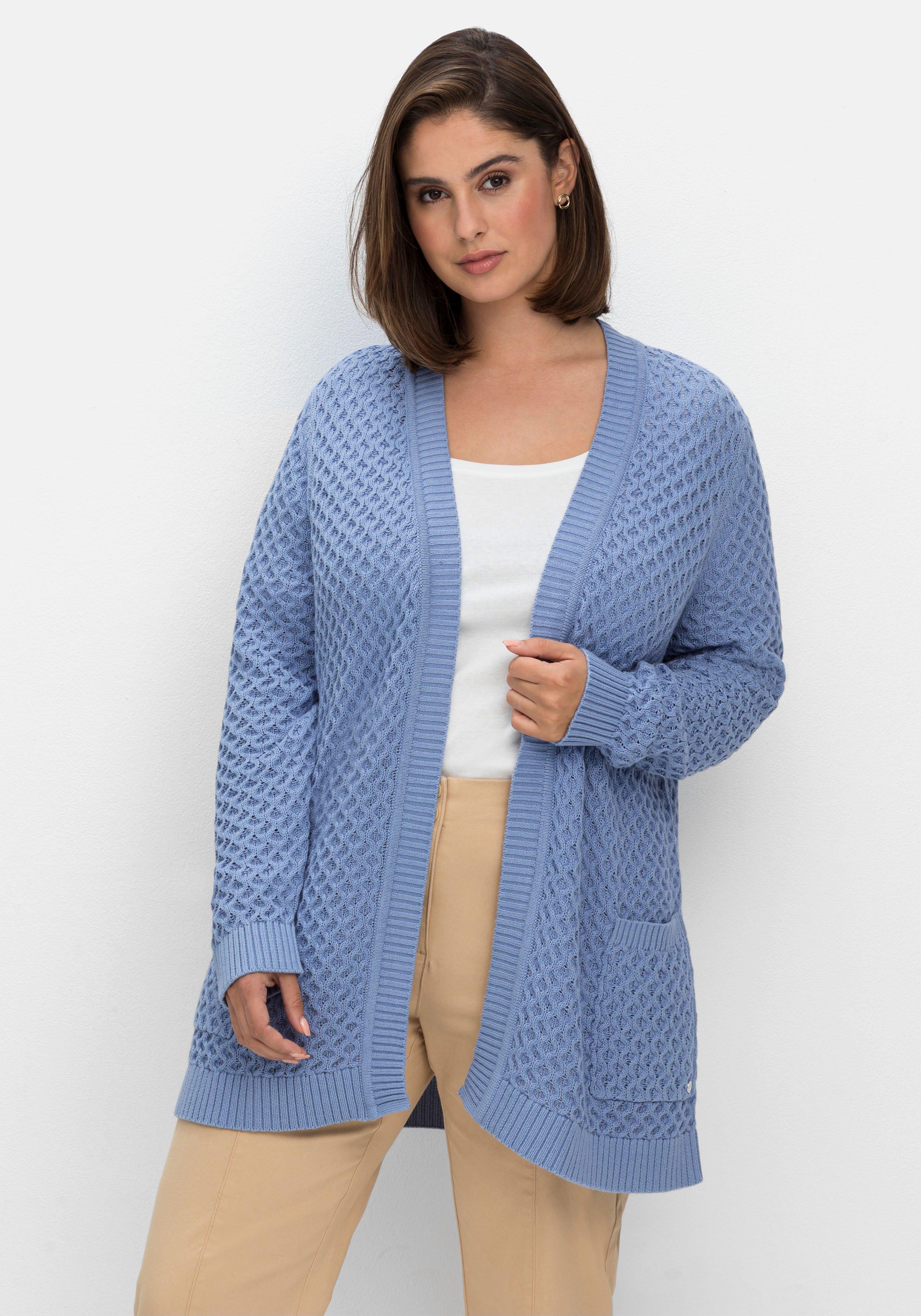 sheego Strickjacke in Wabenstruktur, in leichter A-Linie - mittelblau sheego