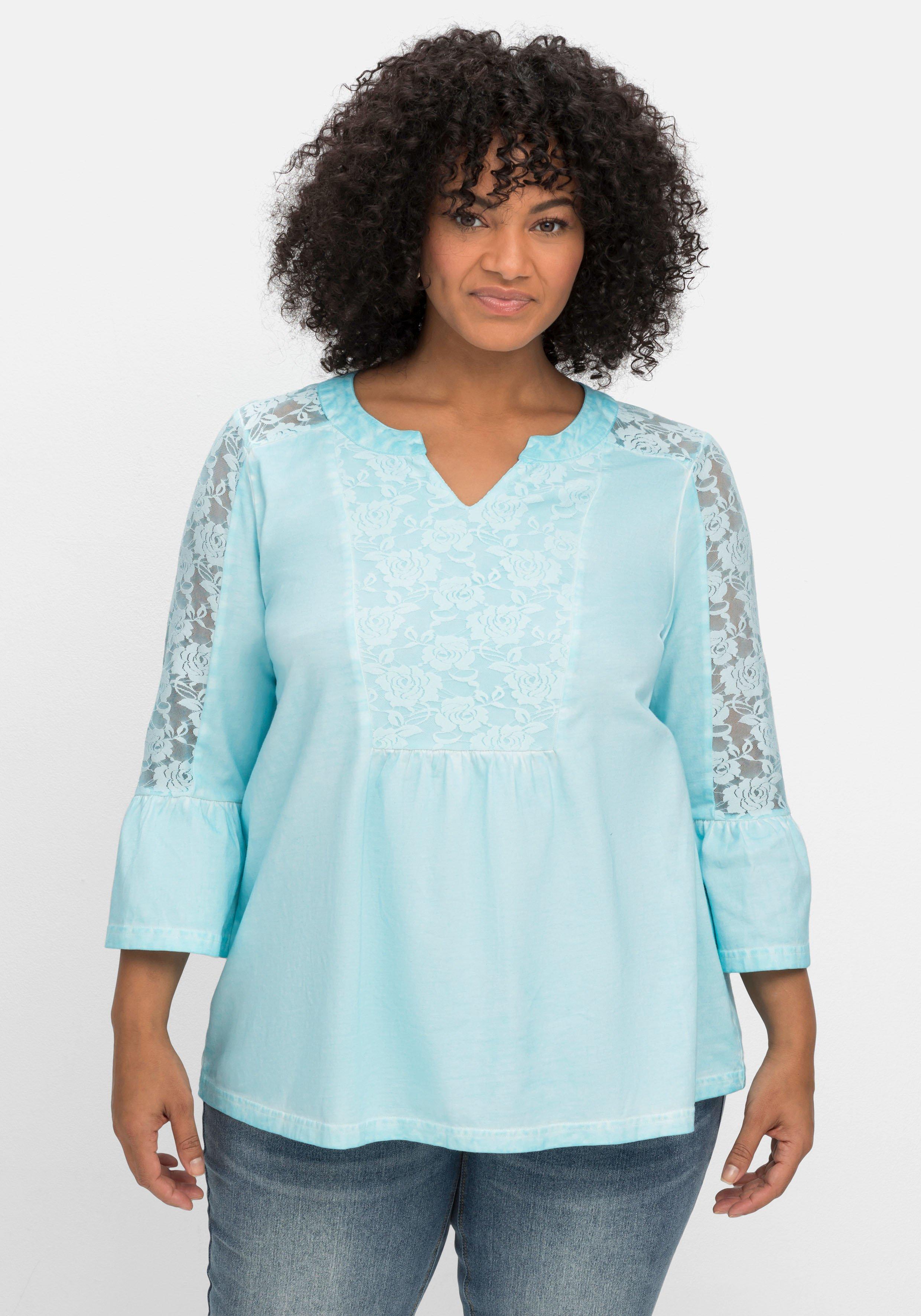 sheego by Joe Browns Shirt in Oil-dyed-Waschung, mit floraler Spitze - pastellblau sheego