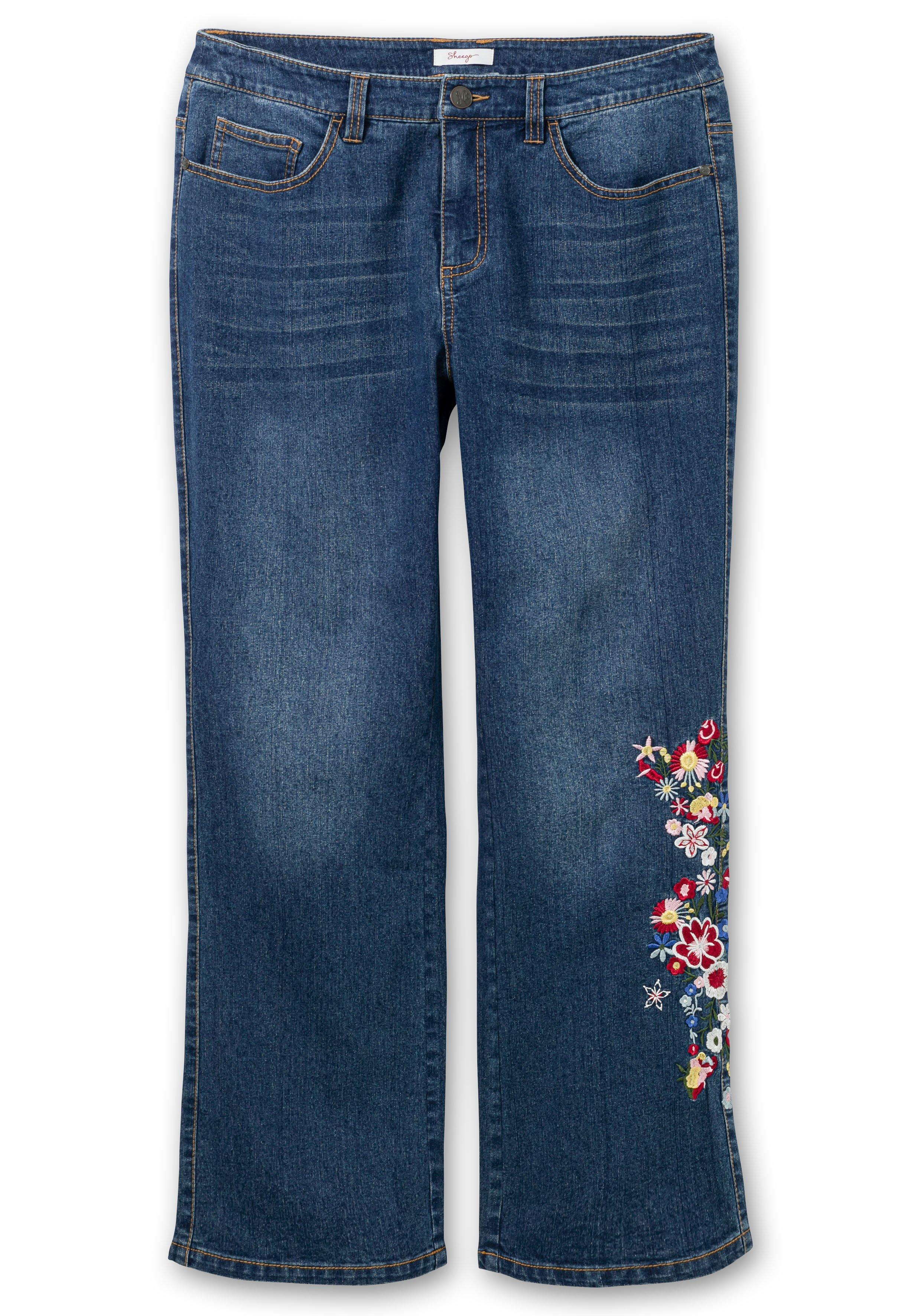 sheego mit seitlich Bootcut-Jeans Denim Bein | am blue - Blumenstickerei