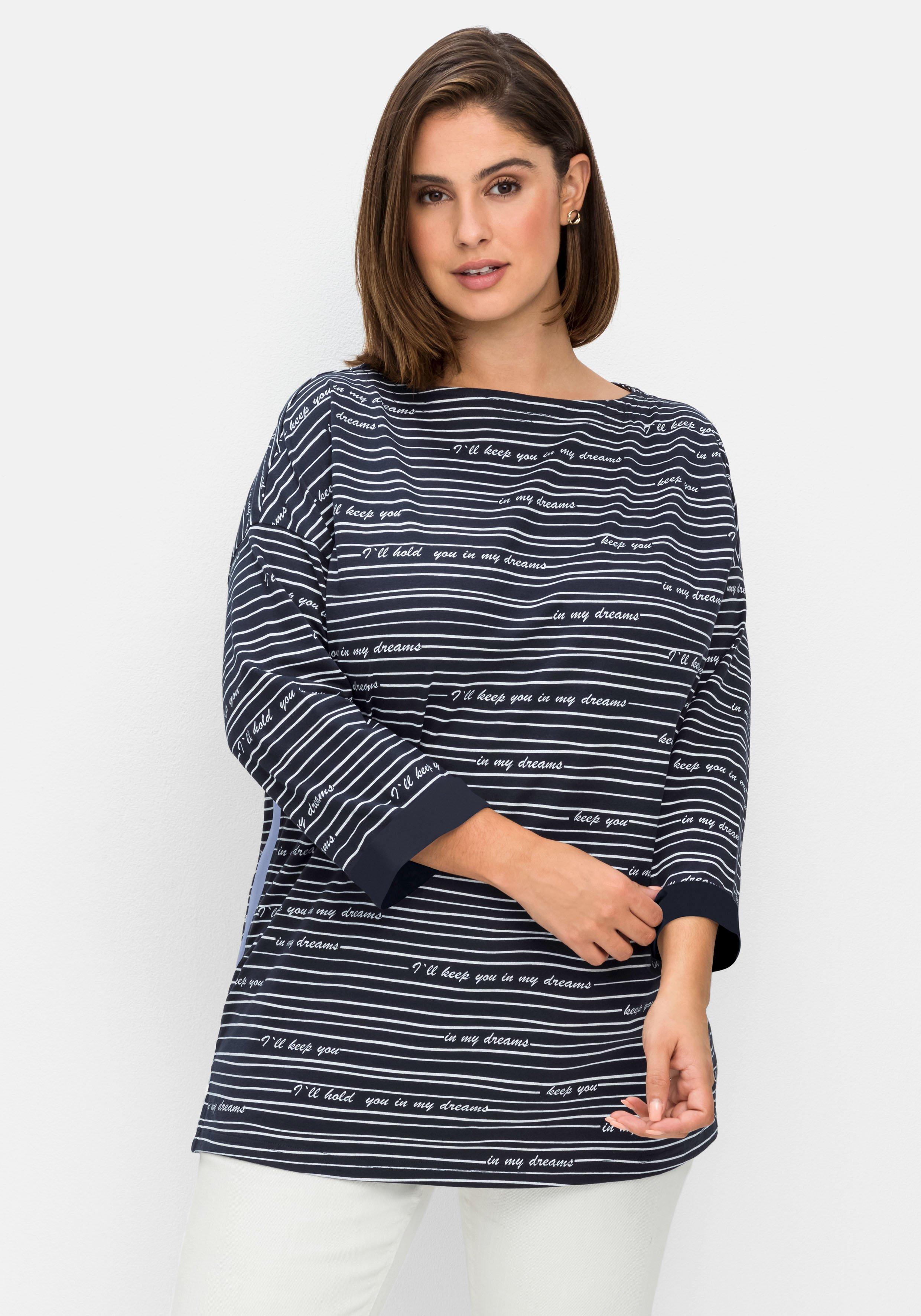 sheego 3/4-Arm-Shirt mit Streifen und Wordingprint - nachtblau gemustert sheego