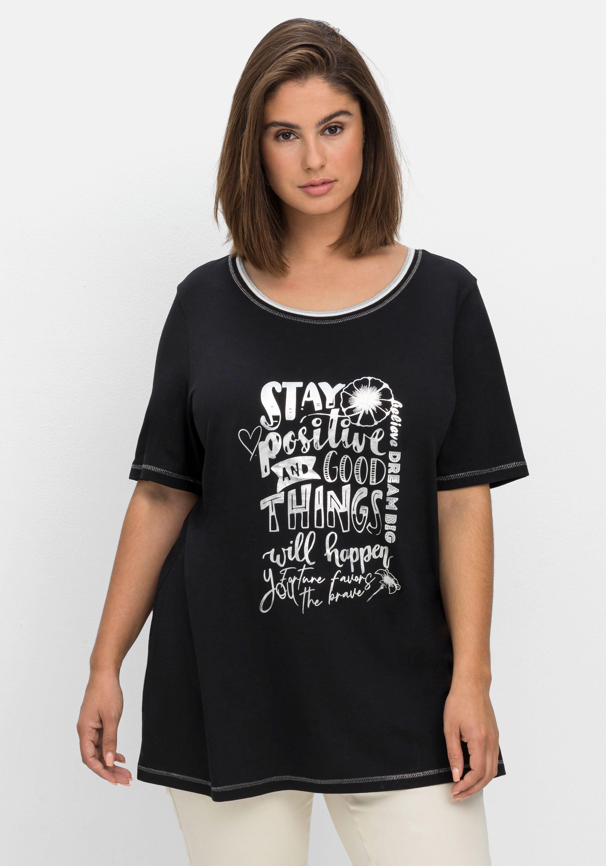 schwarz leichter mit | sheego Shirt - bedruckt A-Form in vorn, Foliendruck