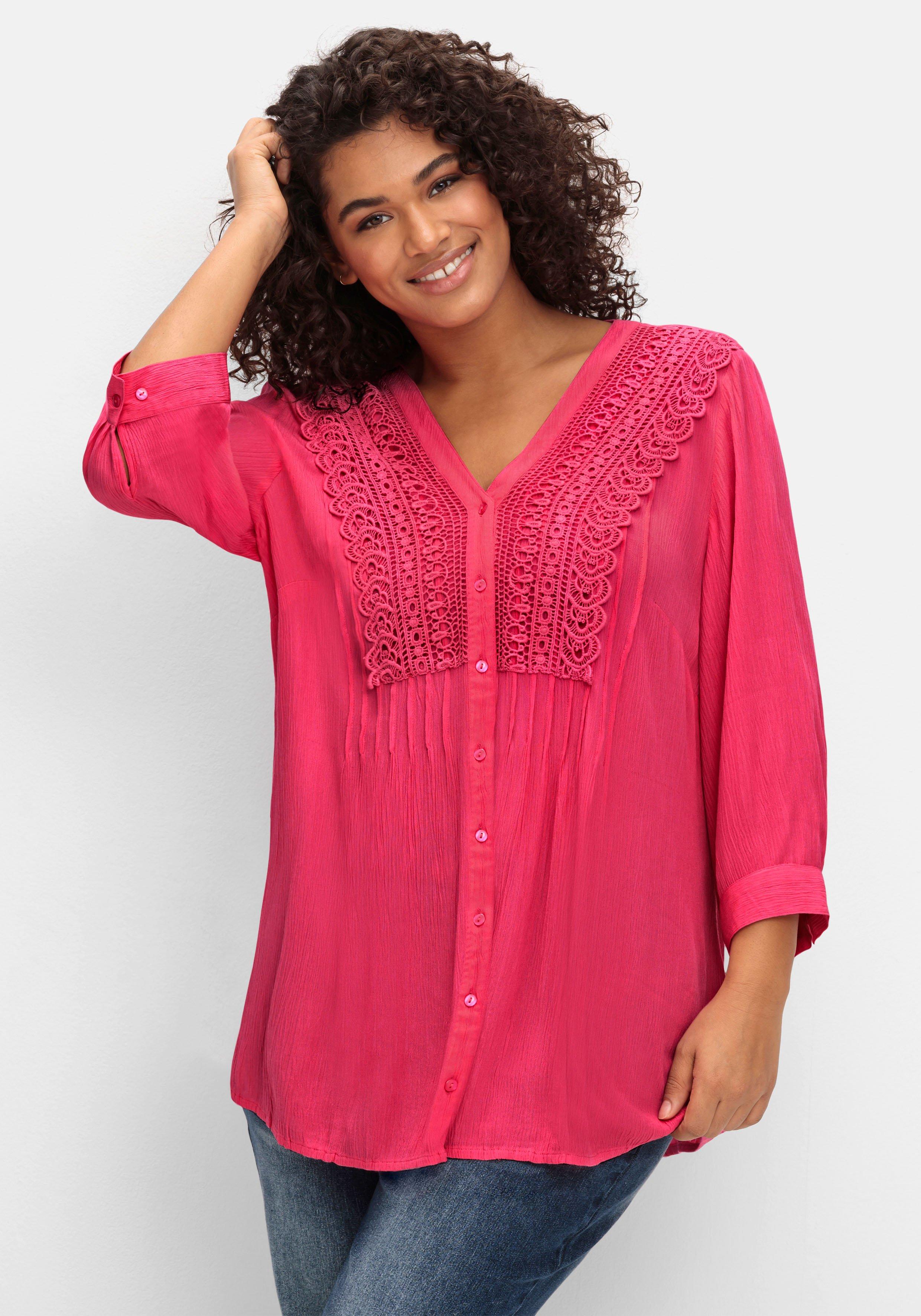 sheego by Joe Browns Crêpebluse mit Häkelspitze und Biesen - pink sheego