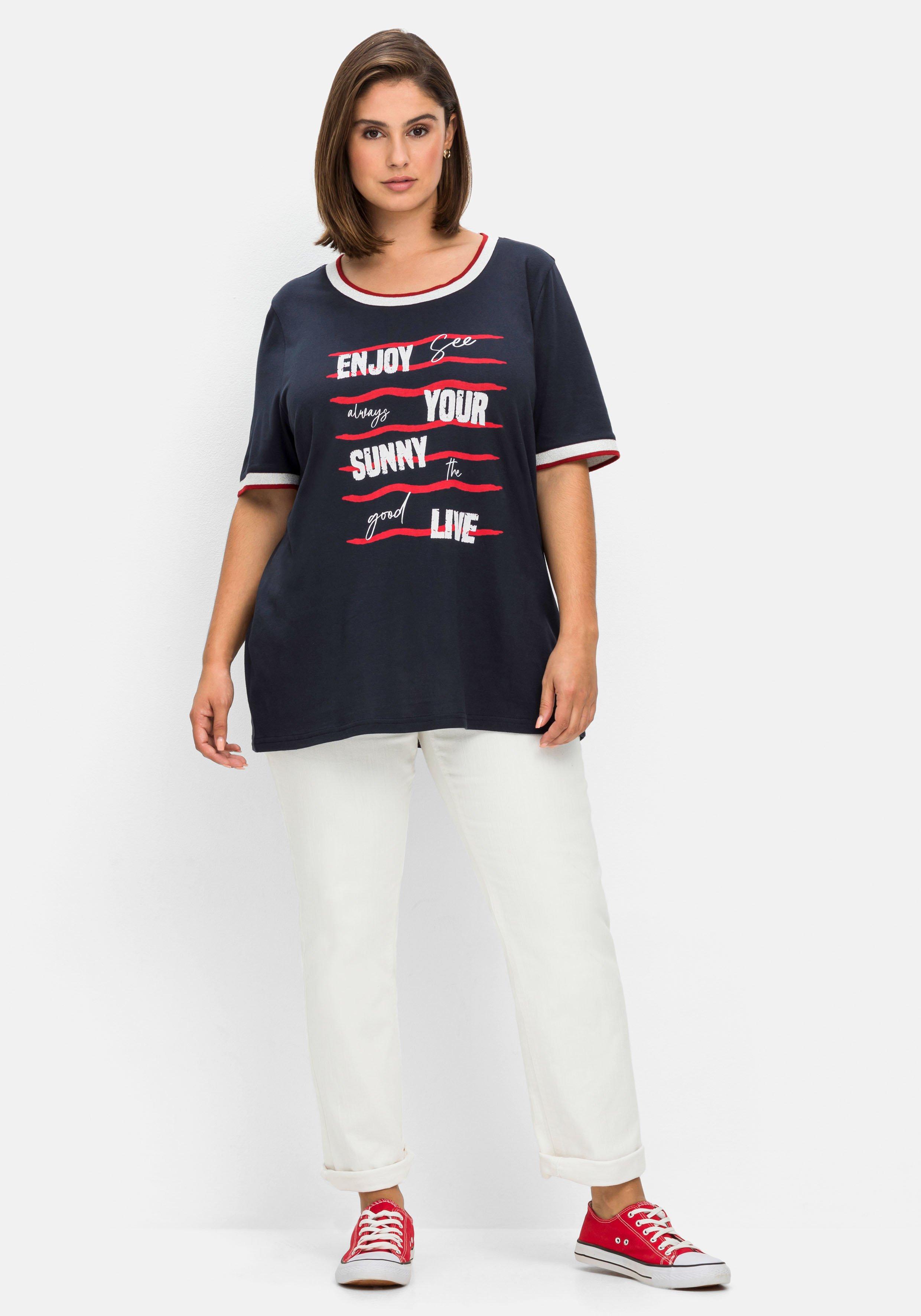 Shirt mit Wordingprint nachtblau - und Kontrastbündchen | sheego bedruckt