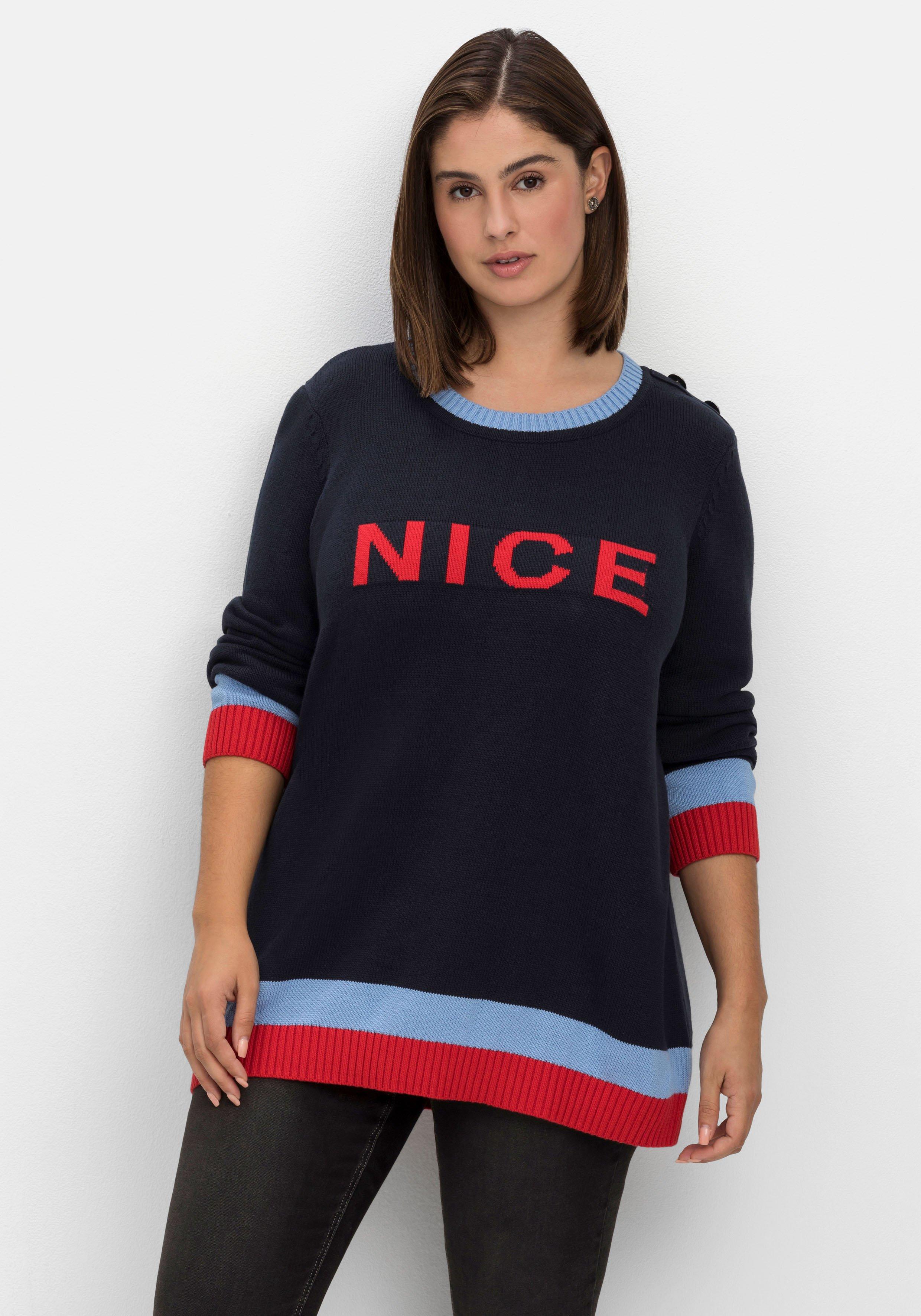 sheego Pullover mit Wording-Intarsien und Zierknöpfen - nachtblau sheego