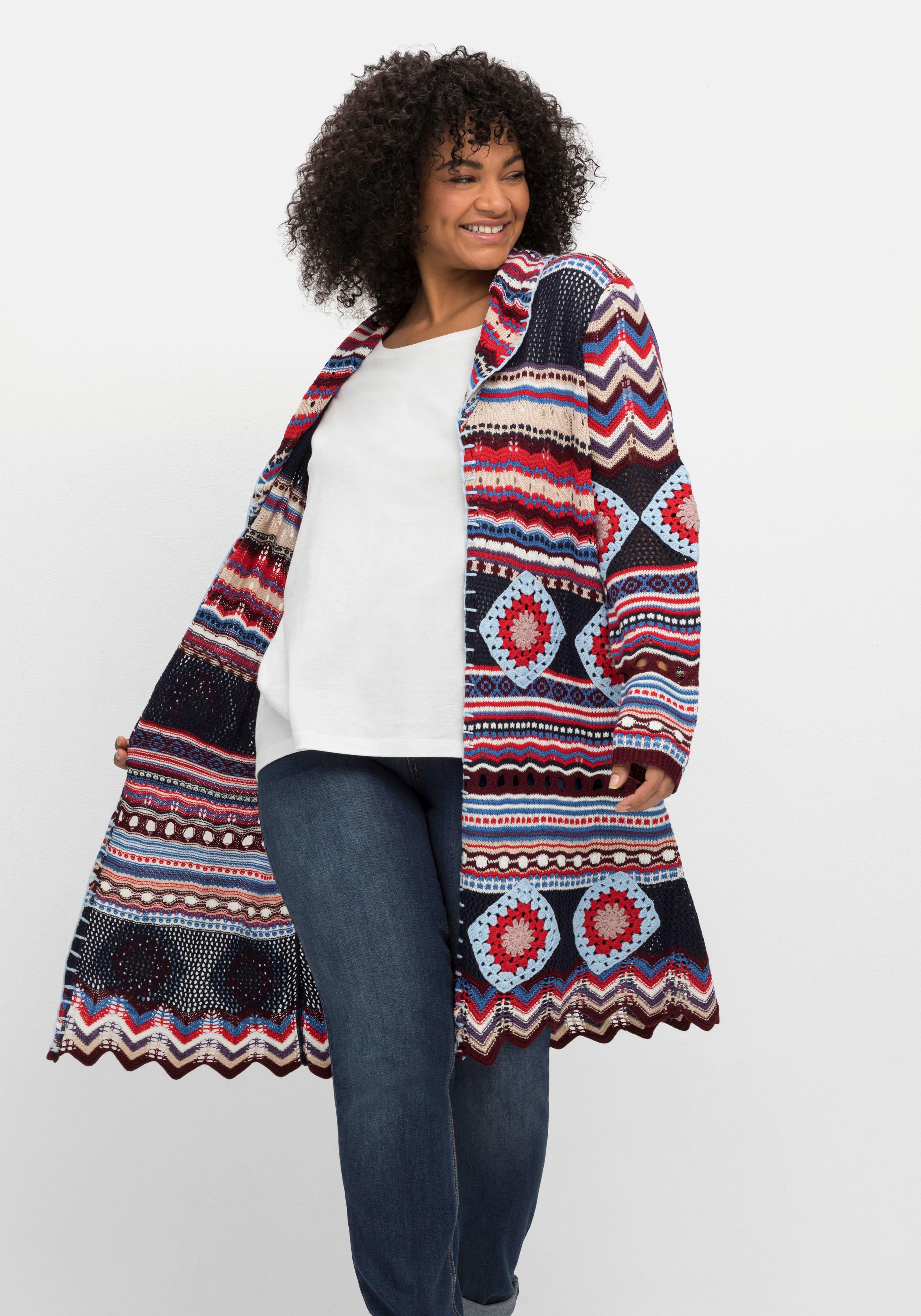 Longstrickjacke | marine - im gemustert mit sheego Schalkragen Boho-Stil,