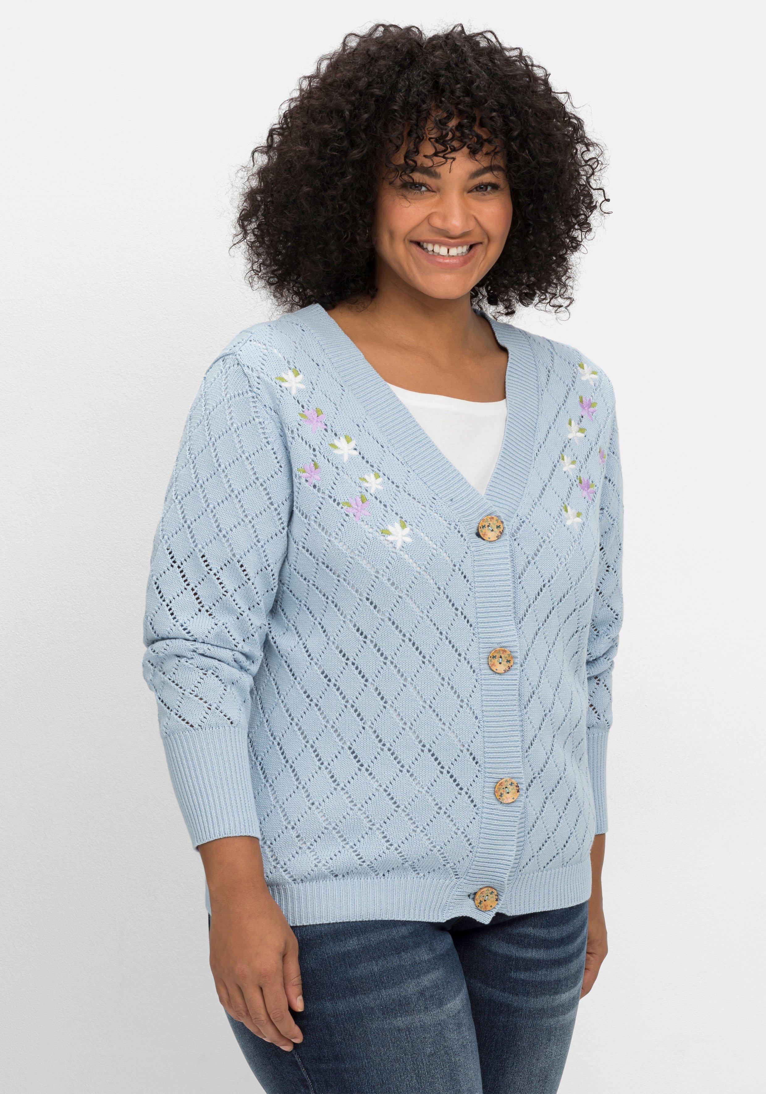 Strickjacke im Ajourmuster mit - sheego blau | Blumenstickerei