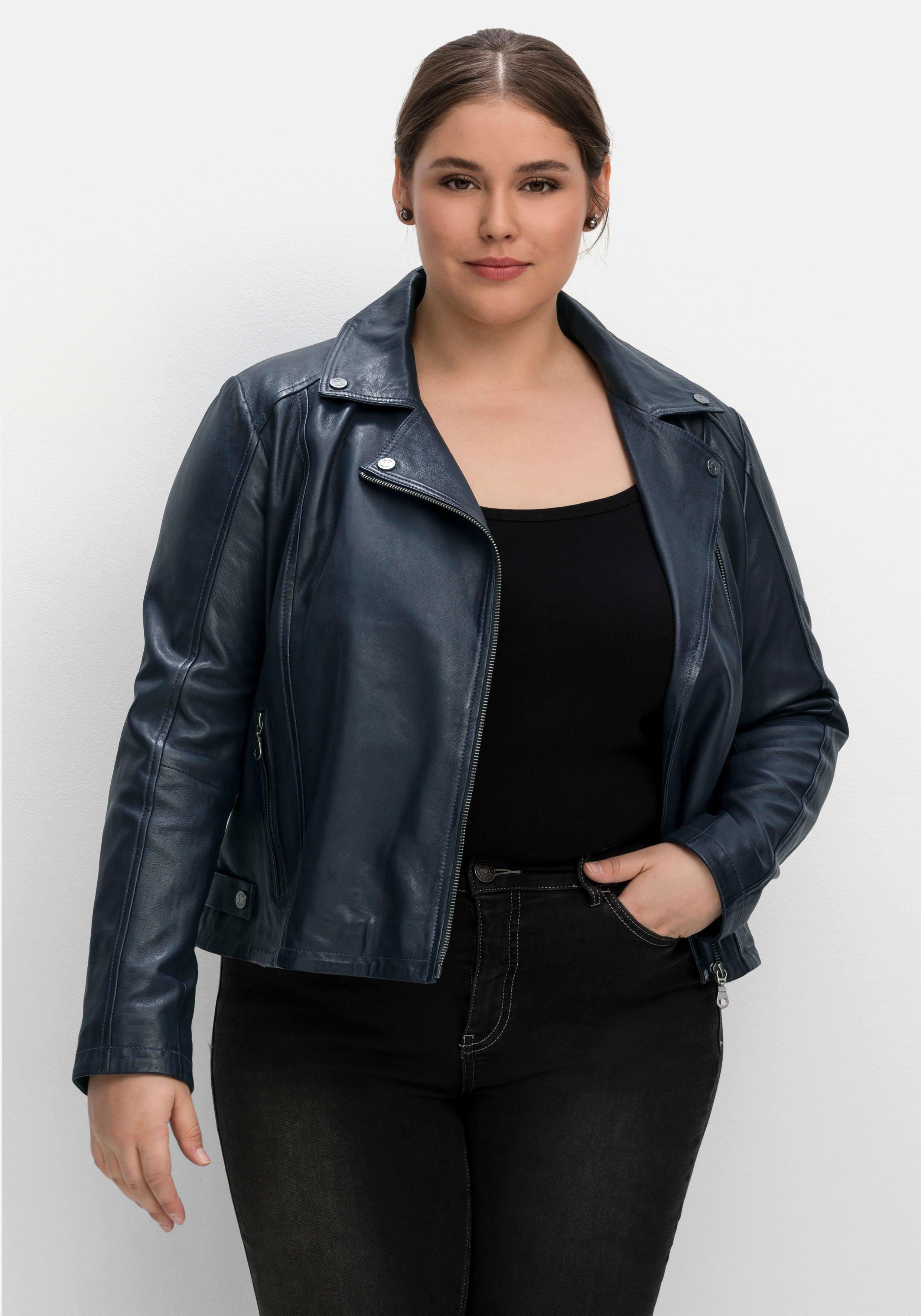 sheego Kurze Lederjacke aus Lammnappa, im Biker-Stil - nachtblau sheego