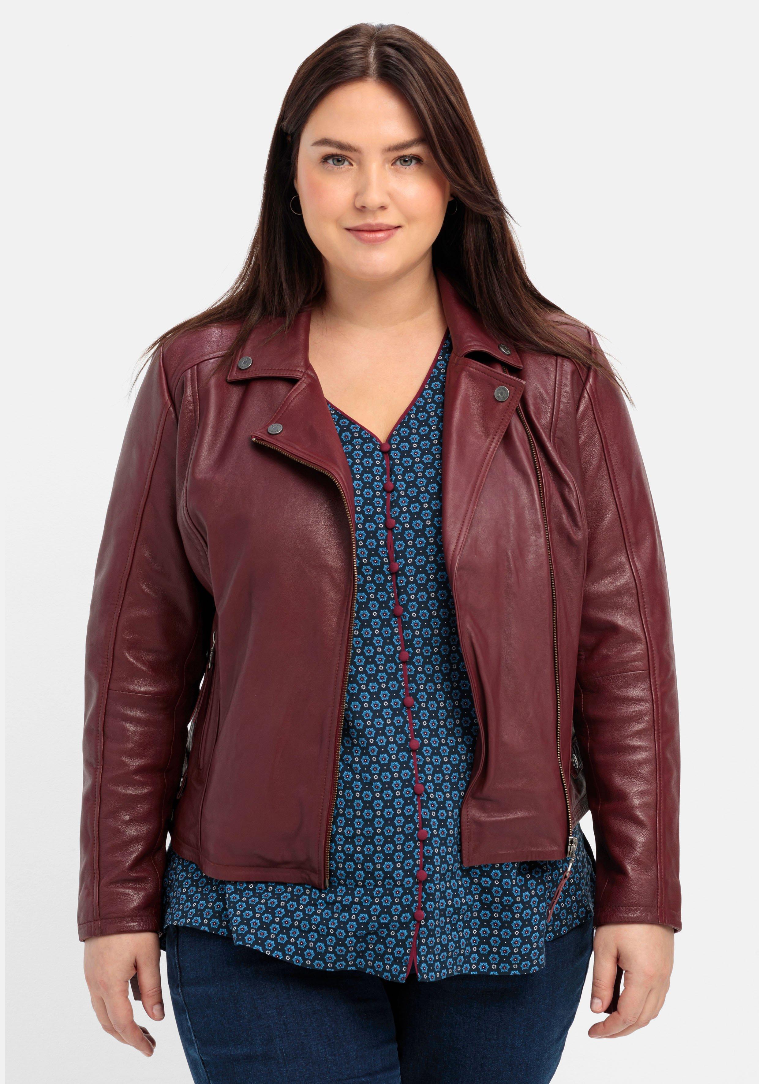 Kurze Lederjacke aus weinrot Biker-Stil Lammnappa, im | sheego 