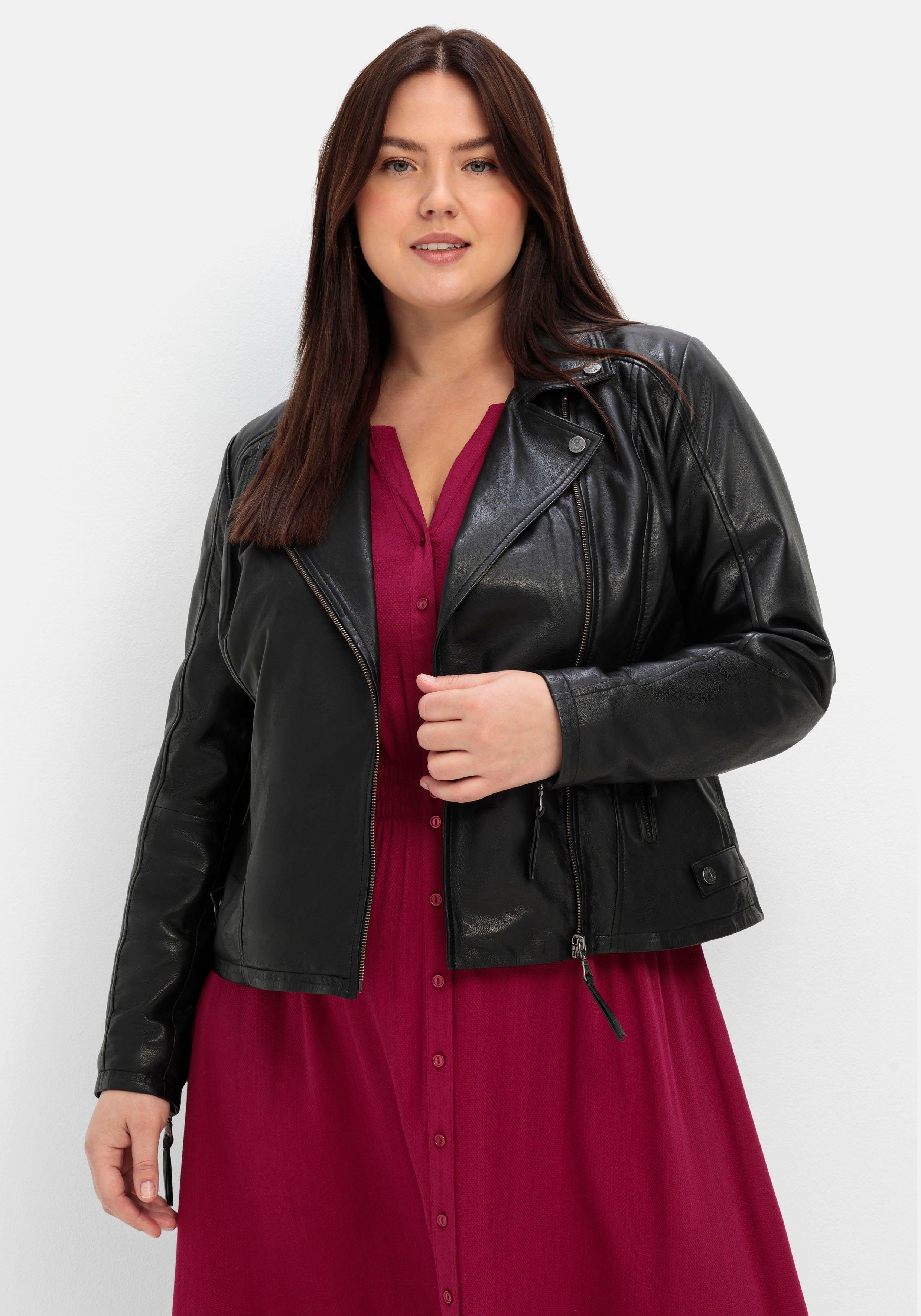 sheego Kurze Lederjacke aus Lammnappa, im Biker-Stil - schwarz sheego